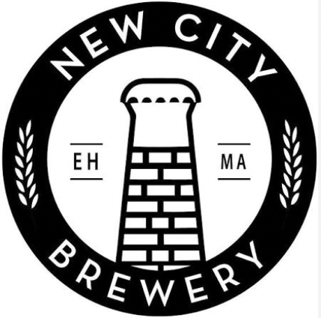 Logo for New City Brewery featuring a stylized tower with brick pattern, surrounded by the text 'New City Brewery' and decorative wheat on either side.