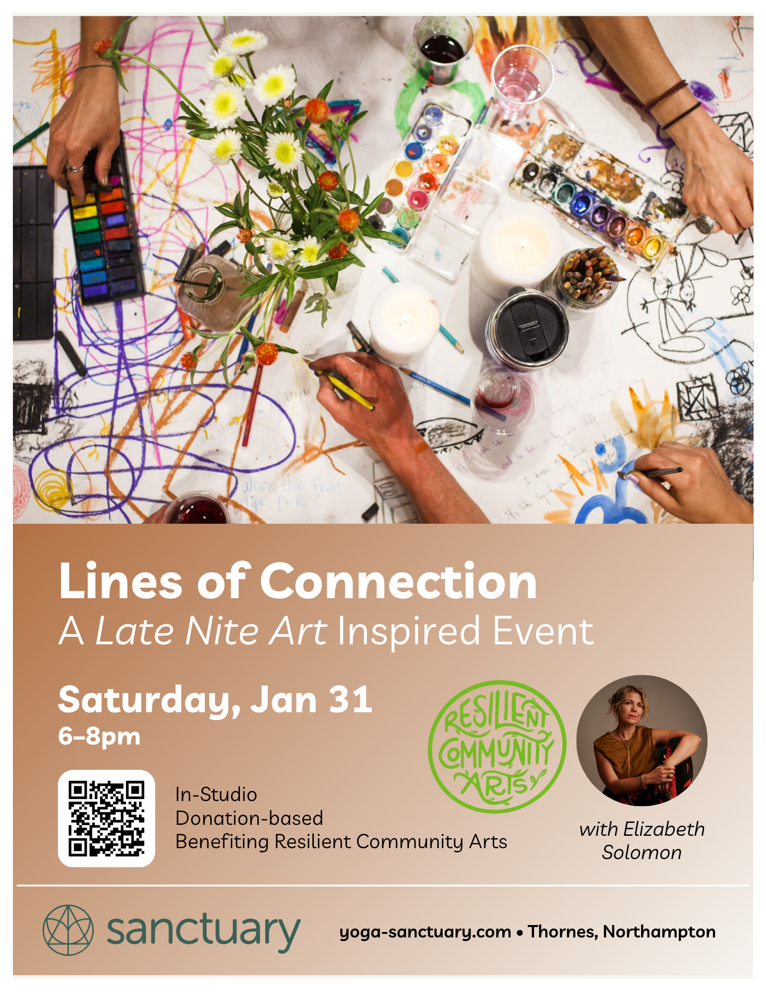 Join Elizabeth Solomon for an unforgettable two-hour immersive experience that uses creativity as a bridge to meaningful human connection.  Evening's activities to benefit RCA!