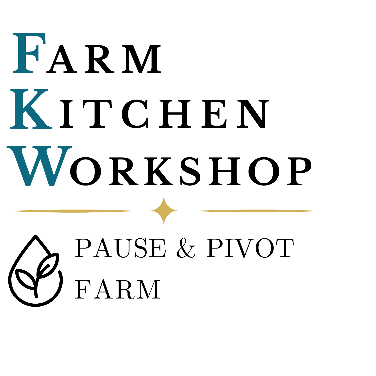 Logo for Farm Kitchen Workshop, featuring bold black and teal text, gold decorative element, and an illustration of leaves.