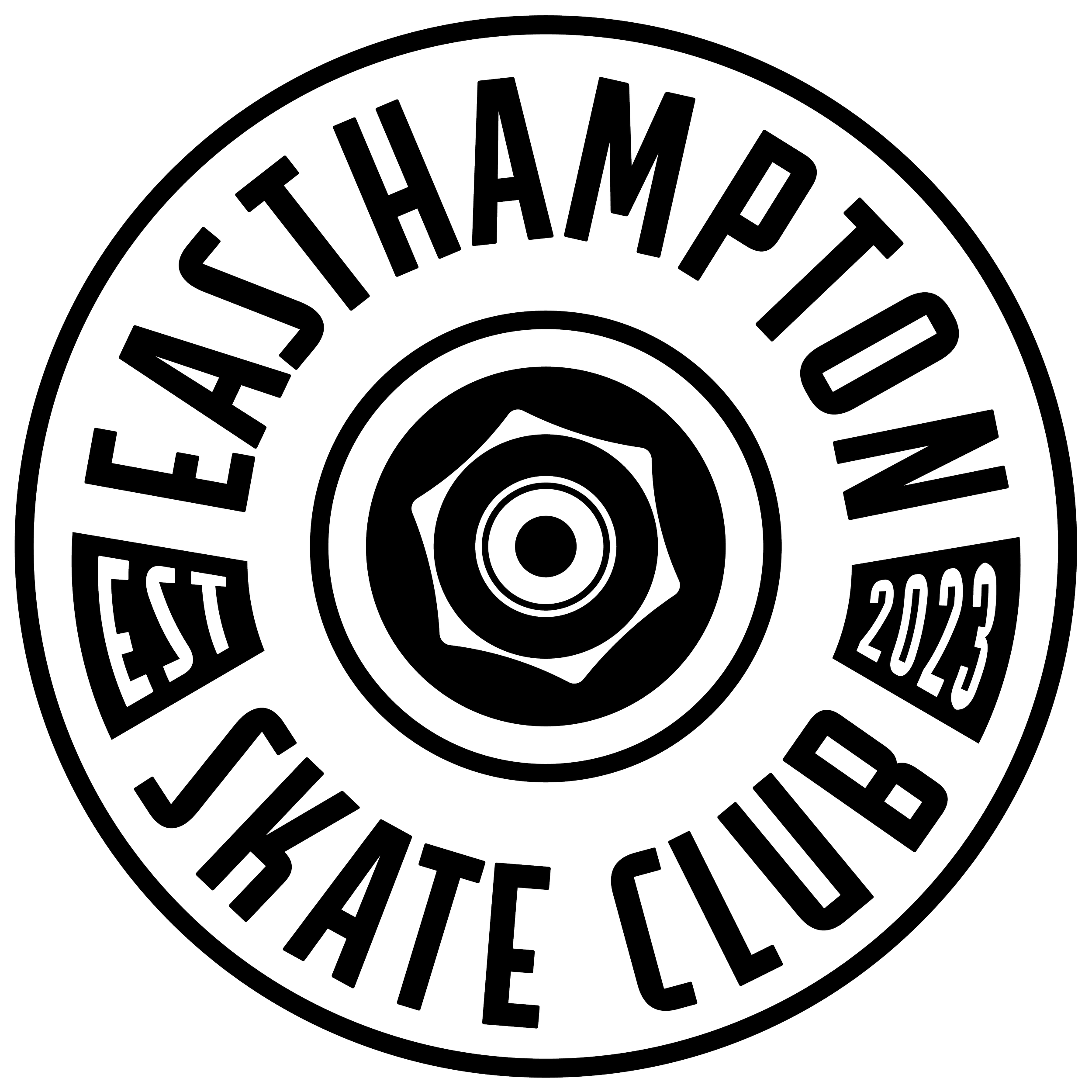 Black background with white outline text in a circular pattern that says "Thank you" and other words, arranged in concentric circles.