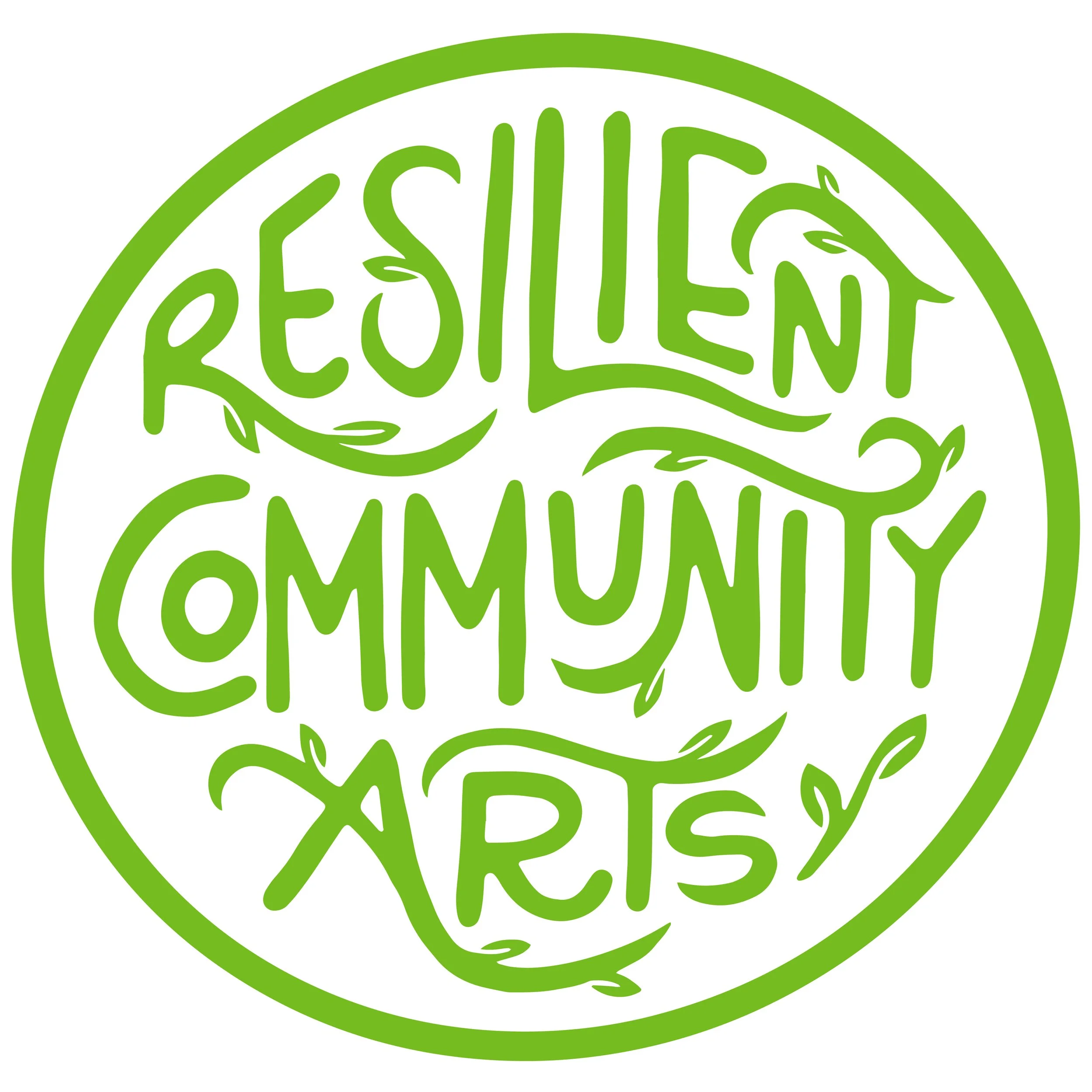 Green circular logo with stylized words 'Resilient Communities'. Growing leaves are integrated into the letters.