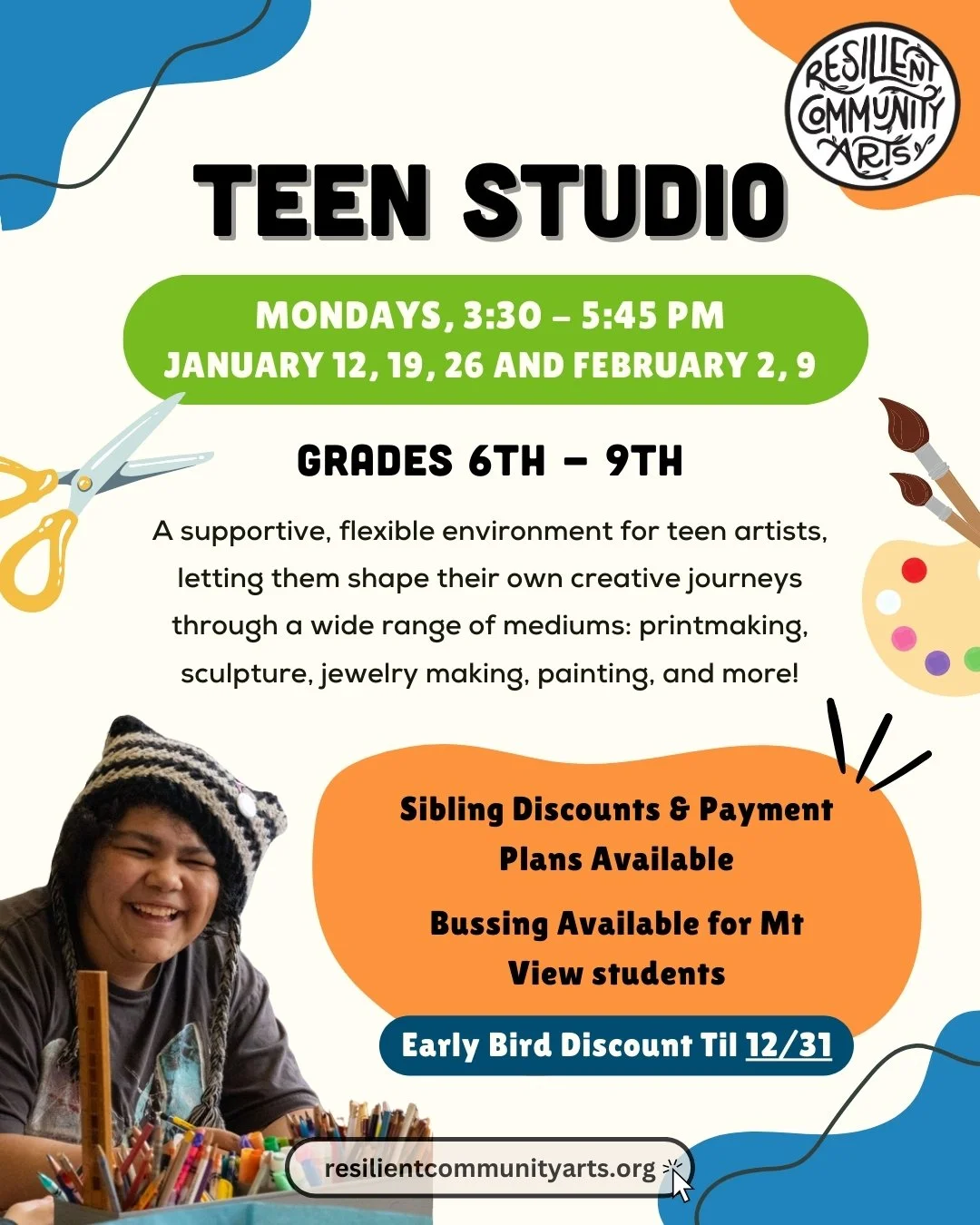 A supportive, flexible environment for teen artists, letting them shape their own creative journeys through a wide range of mediums— printmaking, sculpture, jewelry making, painting, and more!