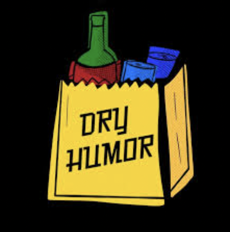 Drawing of a paper bag labeled 'Dry Humor' with a green bottle and two blue cans inside.