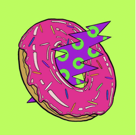Colorful illustration of a pink frosted donut with sprinkles and a blue lightning bolt with green circles on a bright green background.