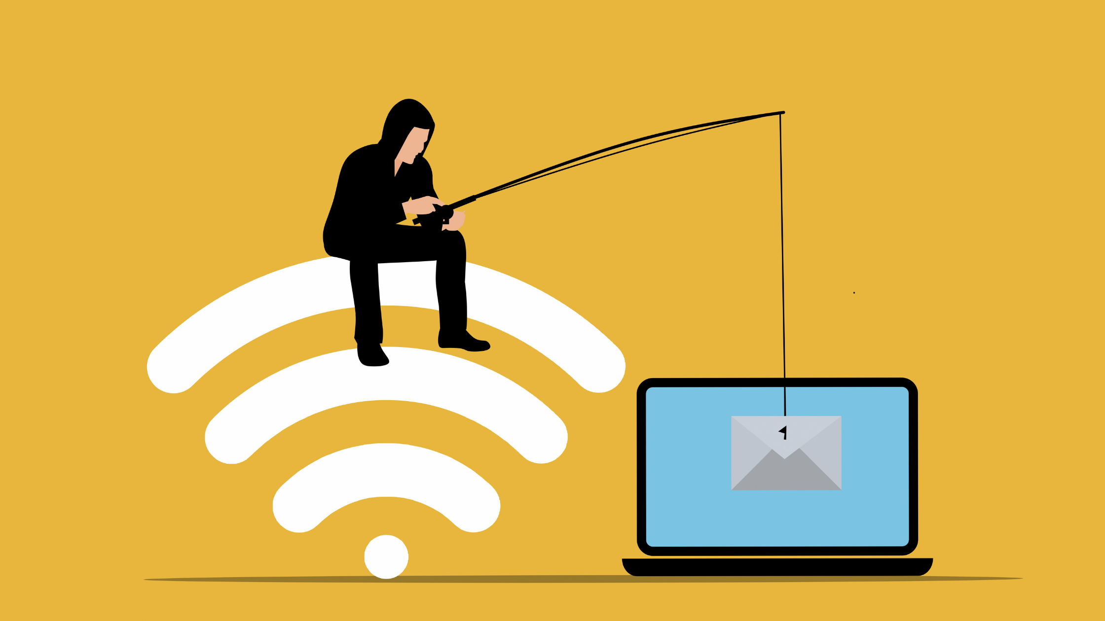 Phishing scammer sitting on wifi signal using a fishing rod to grab an email