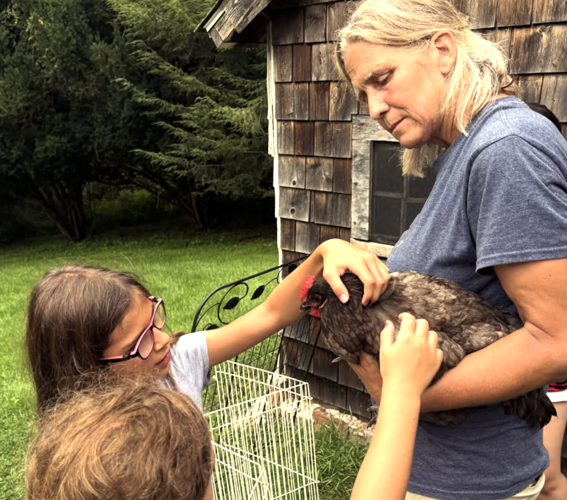 A woman holding a black chicken while children peting it outdoors near a wooden shed and grass.