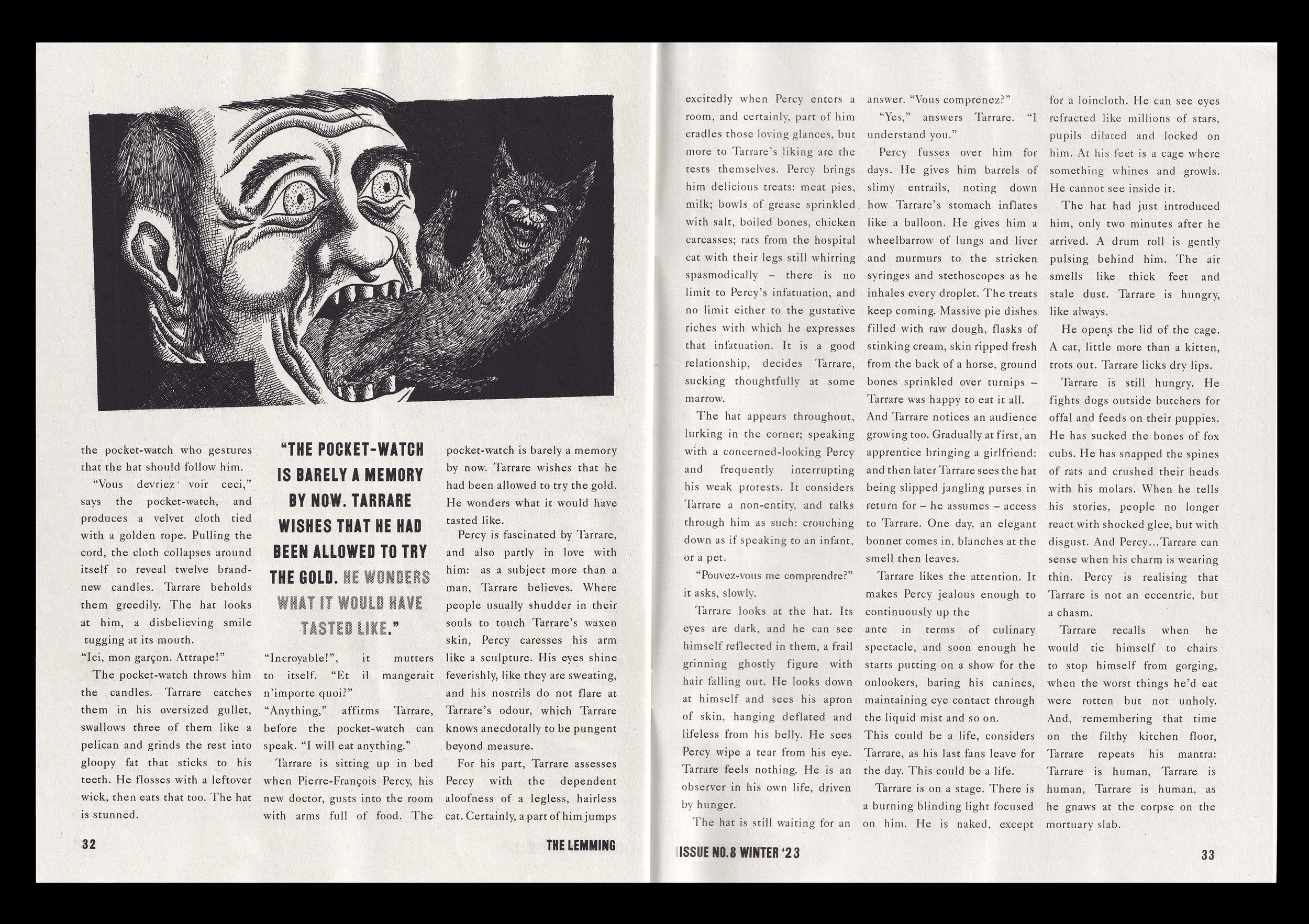 Tarrare Devours Live Cat, Samuel Glyn. Artwork by Kian Radpouyan. 32-33