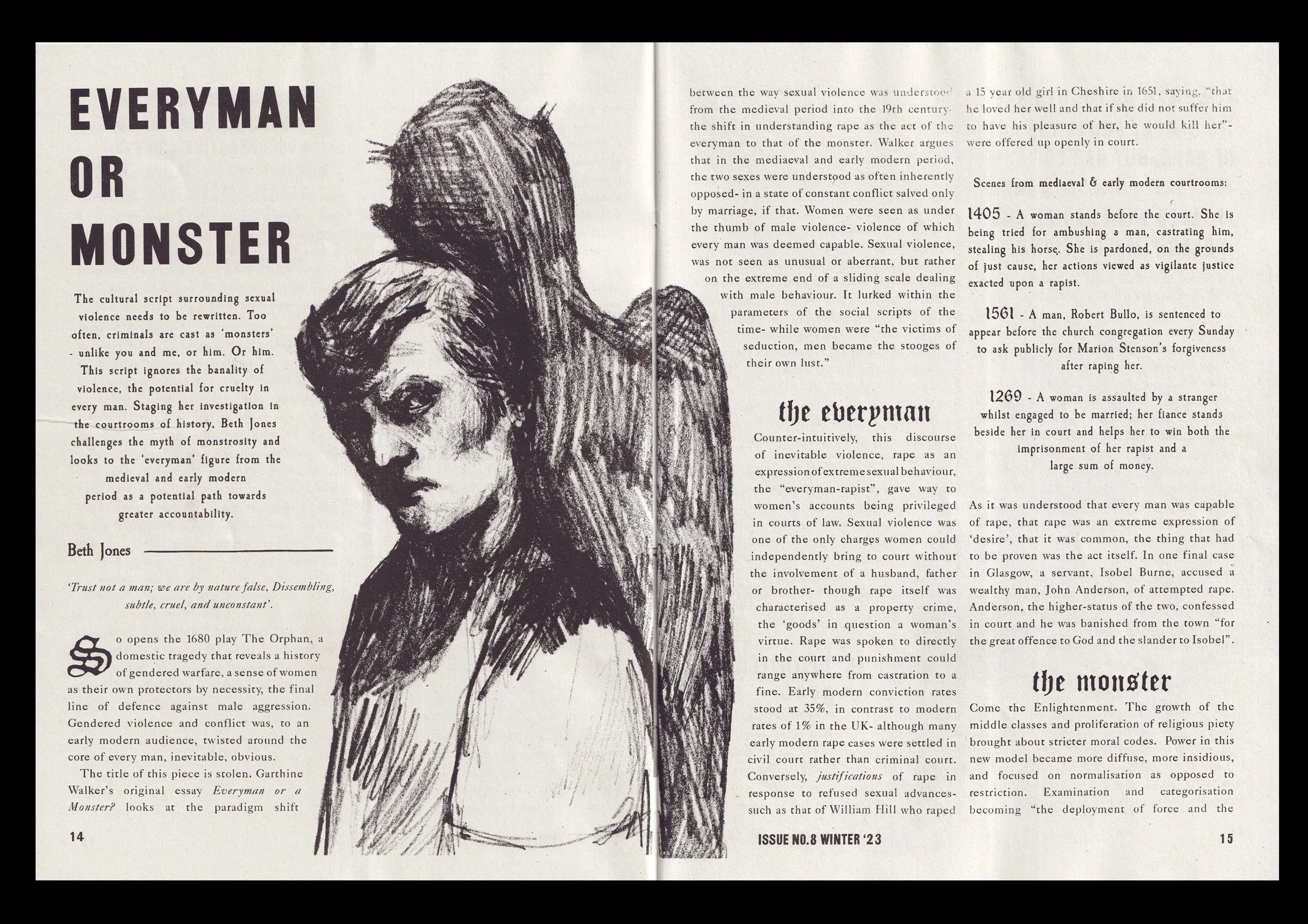 Everyman or Monster, Beth Jones. Artwork by Emily Davies. 14-15