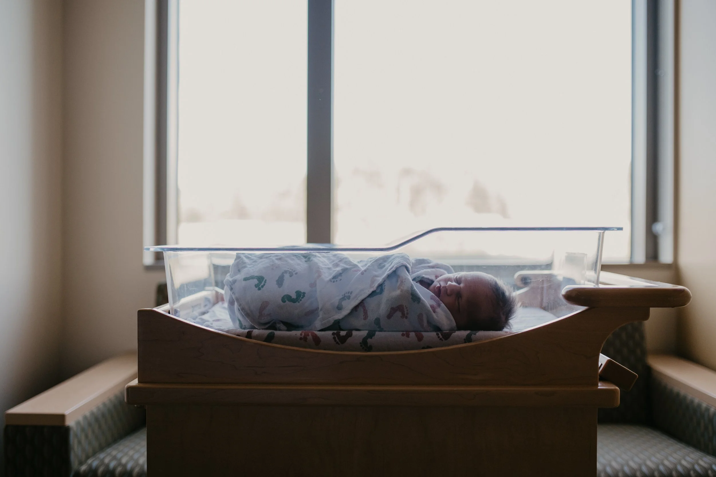 A newborn baby sleeping in a bassinet near a window with daylight coming through.