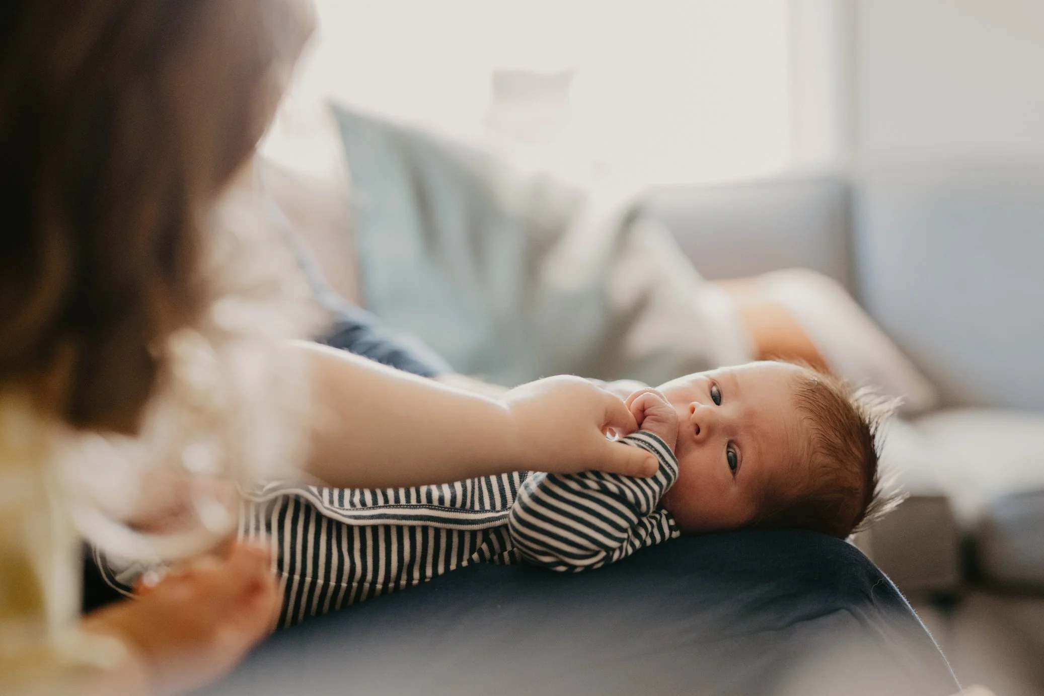 newborn baby holding siblings hand