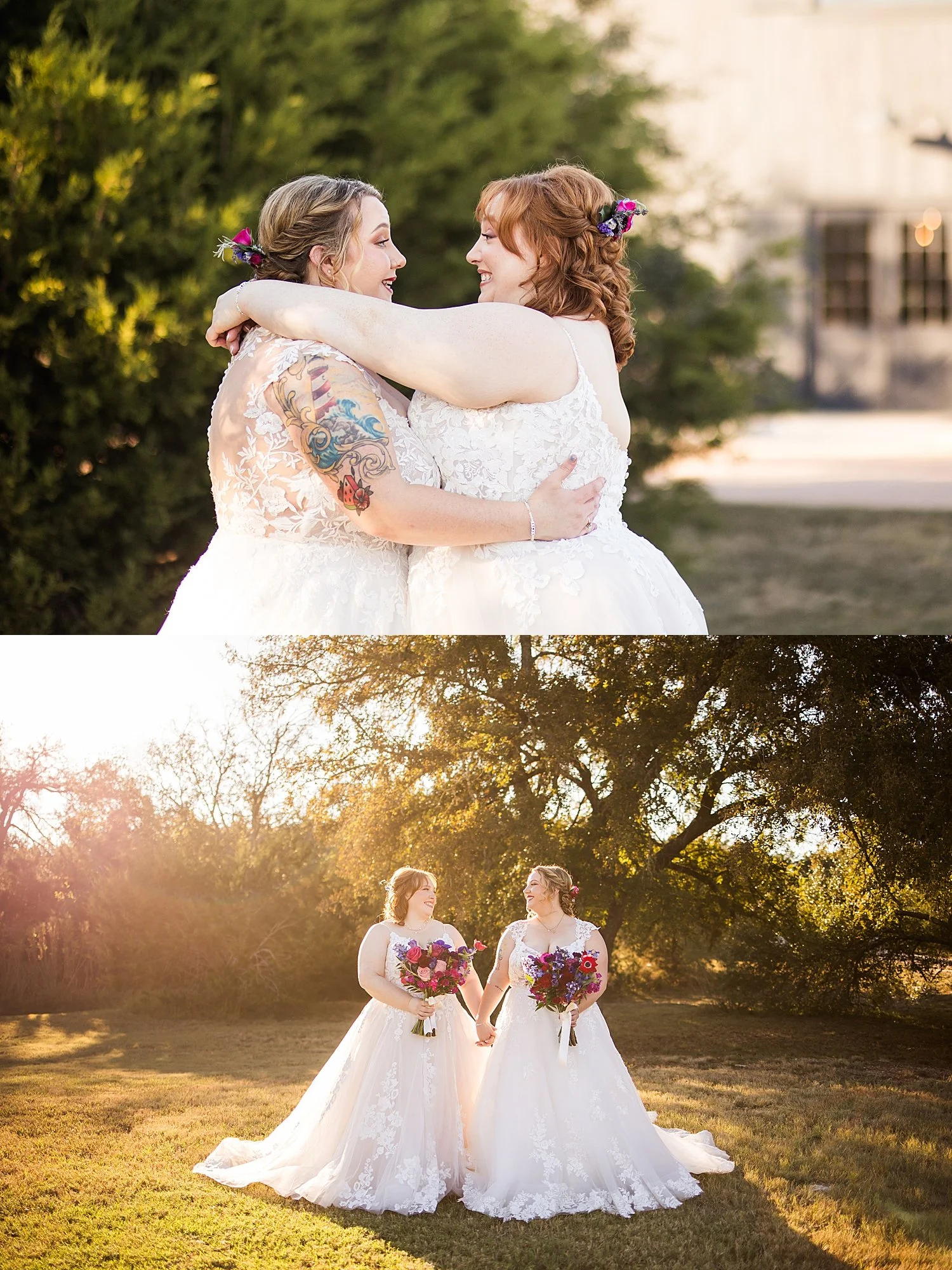 two brides embrace for first look outside at Morgan Creek venue