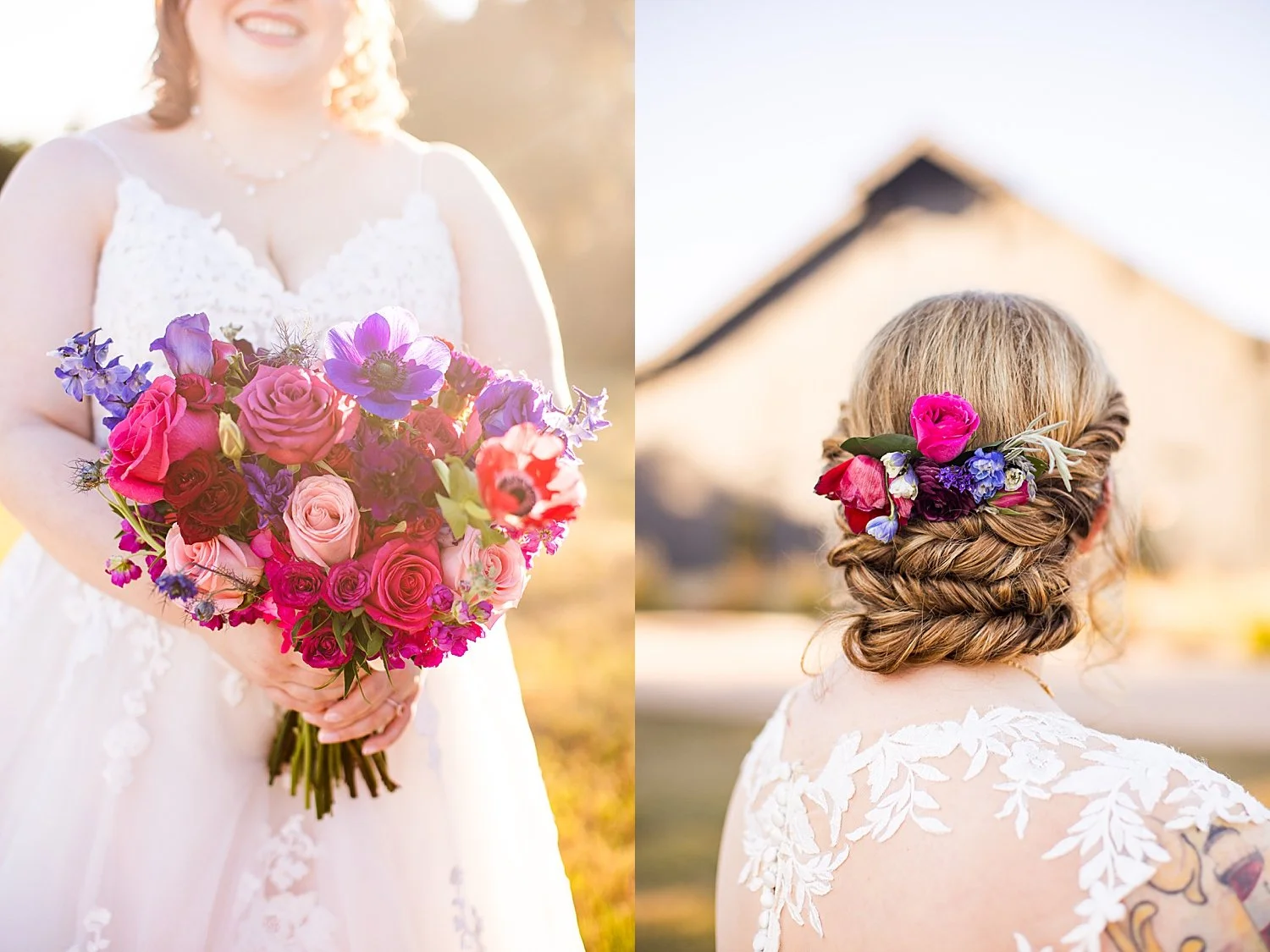 colorful flowers in the hands and hair of woman in white by Shelley Elena Photography