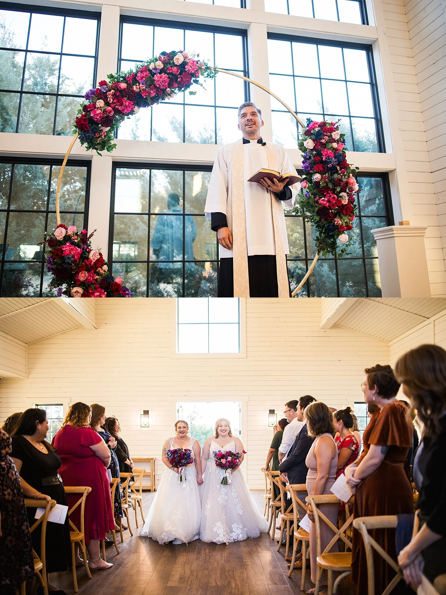 brides walk down the aisle together for ceremony by Dripping Springs wedding photographer