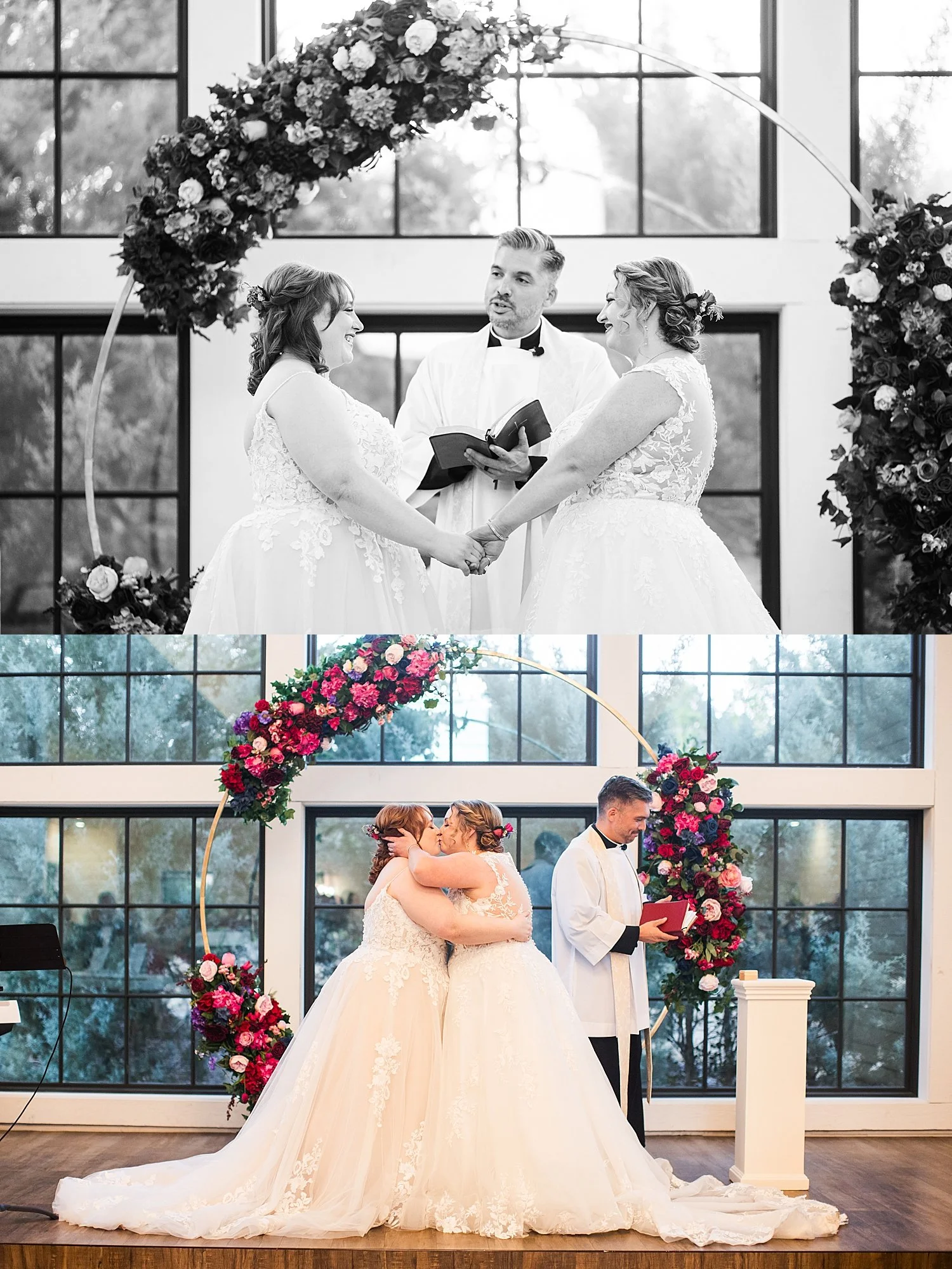two brides hold hands at the alter by Dripping Springs wedding photographer