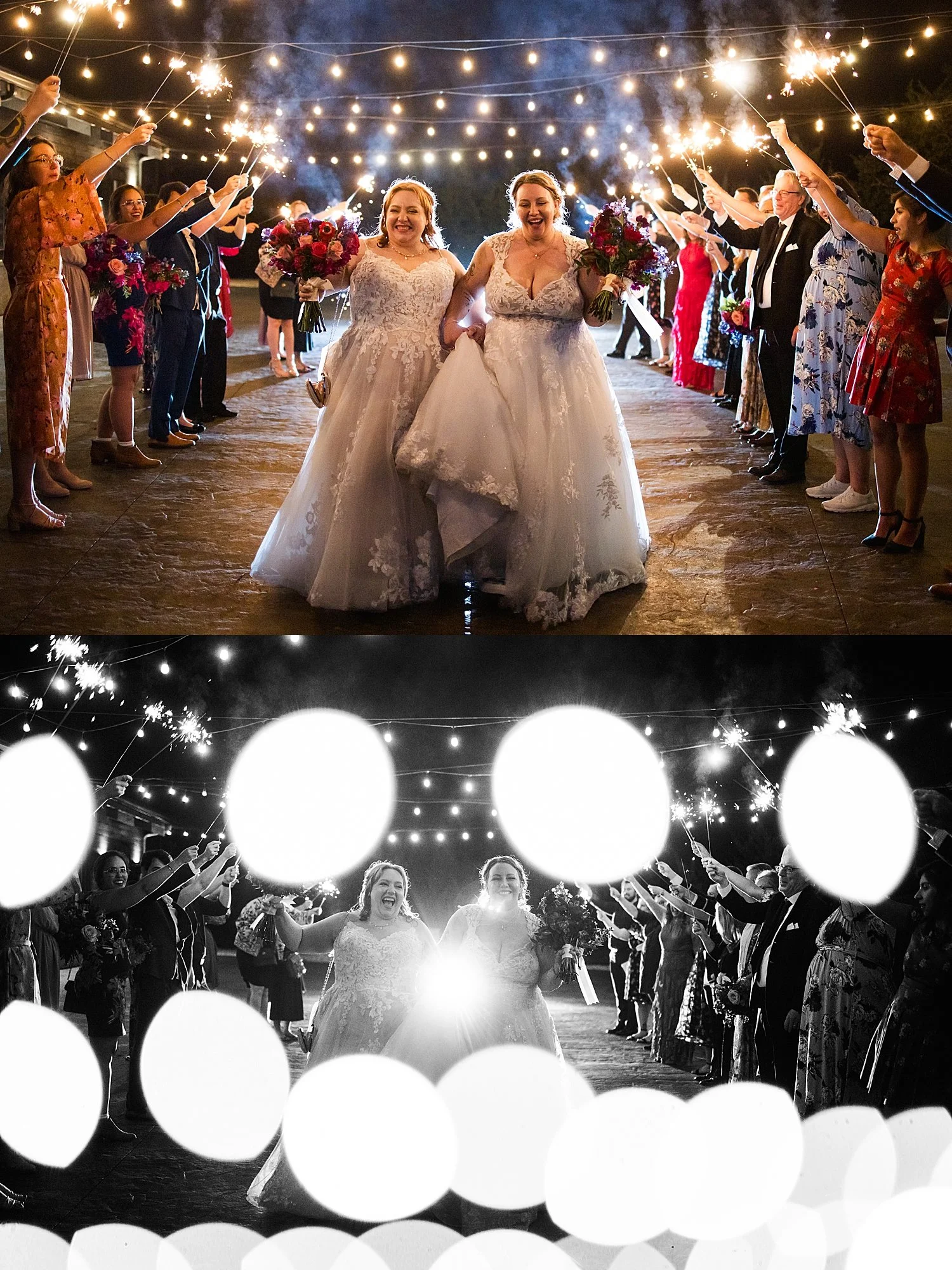 wives leave their reception together through sparkler exit by Shelley Elena Photography