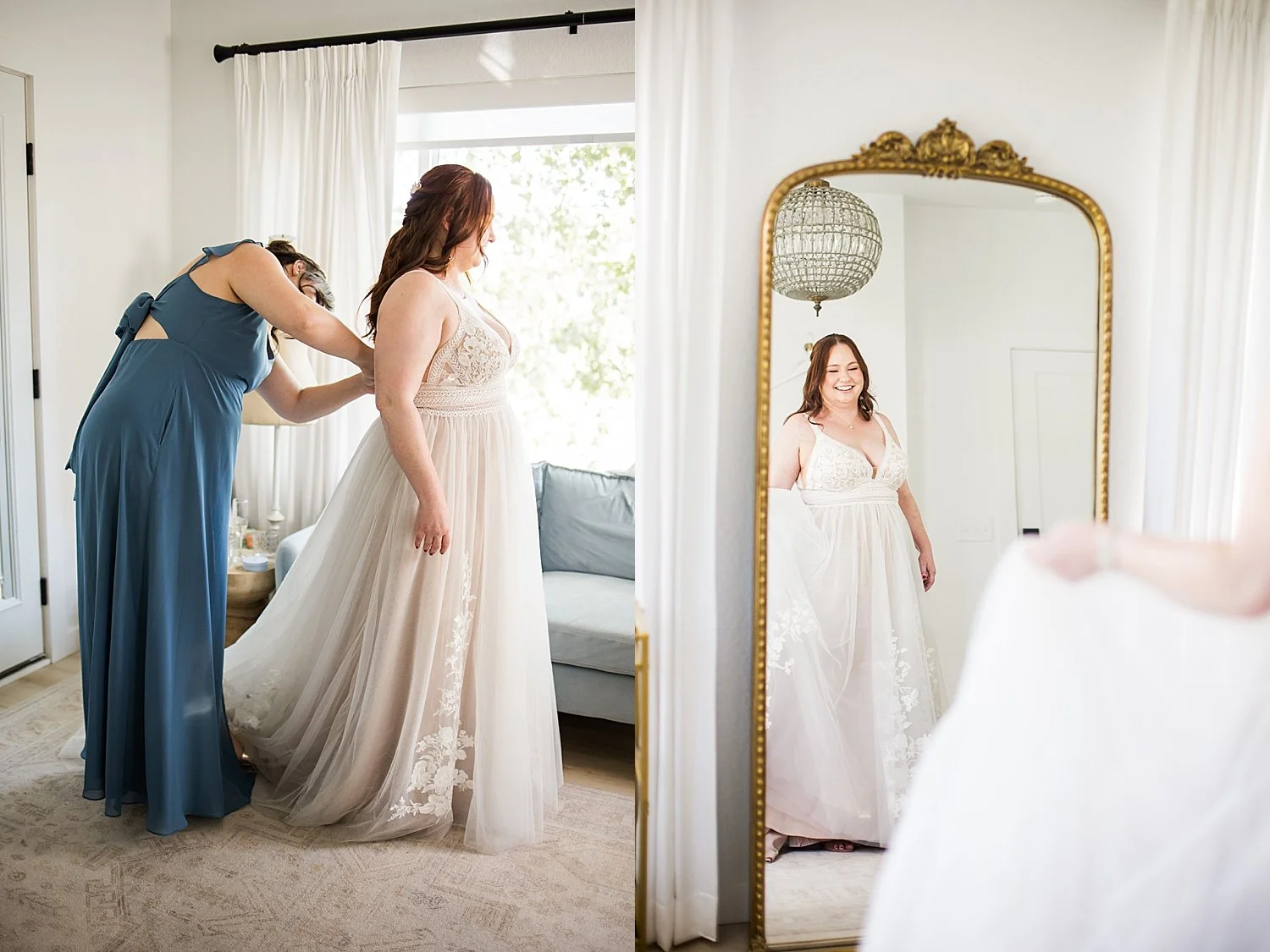 woman gets her dress zipped up before ceremony by Dripping Springs Wedding Photographer