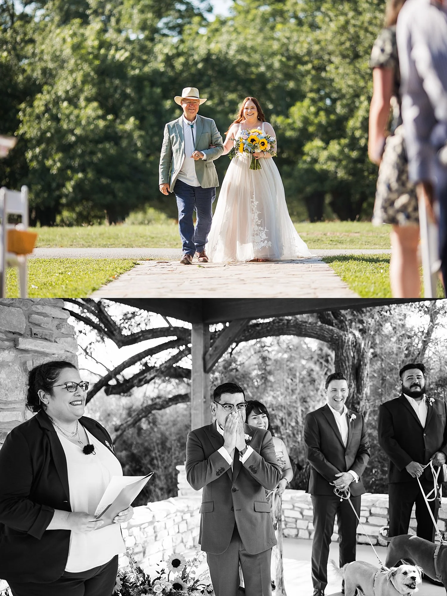 bride walks down the aisle outside by Dripping Springs Wedding Photographer