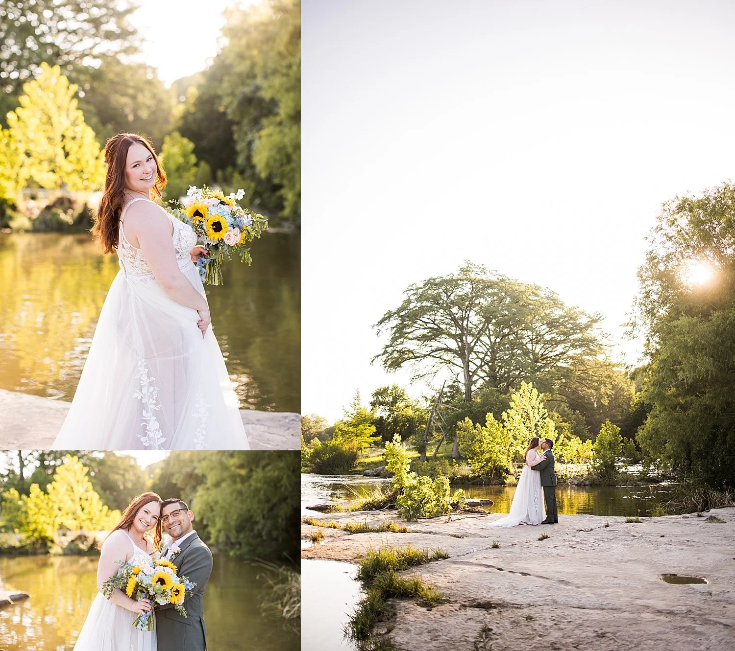 husband and wife share an embrace by the creek by Dripping Springs Wedding Photographer
