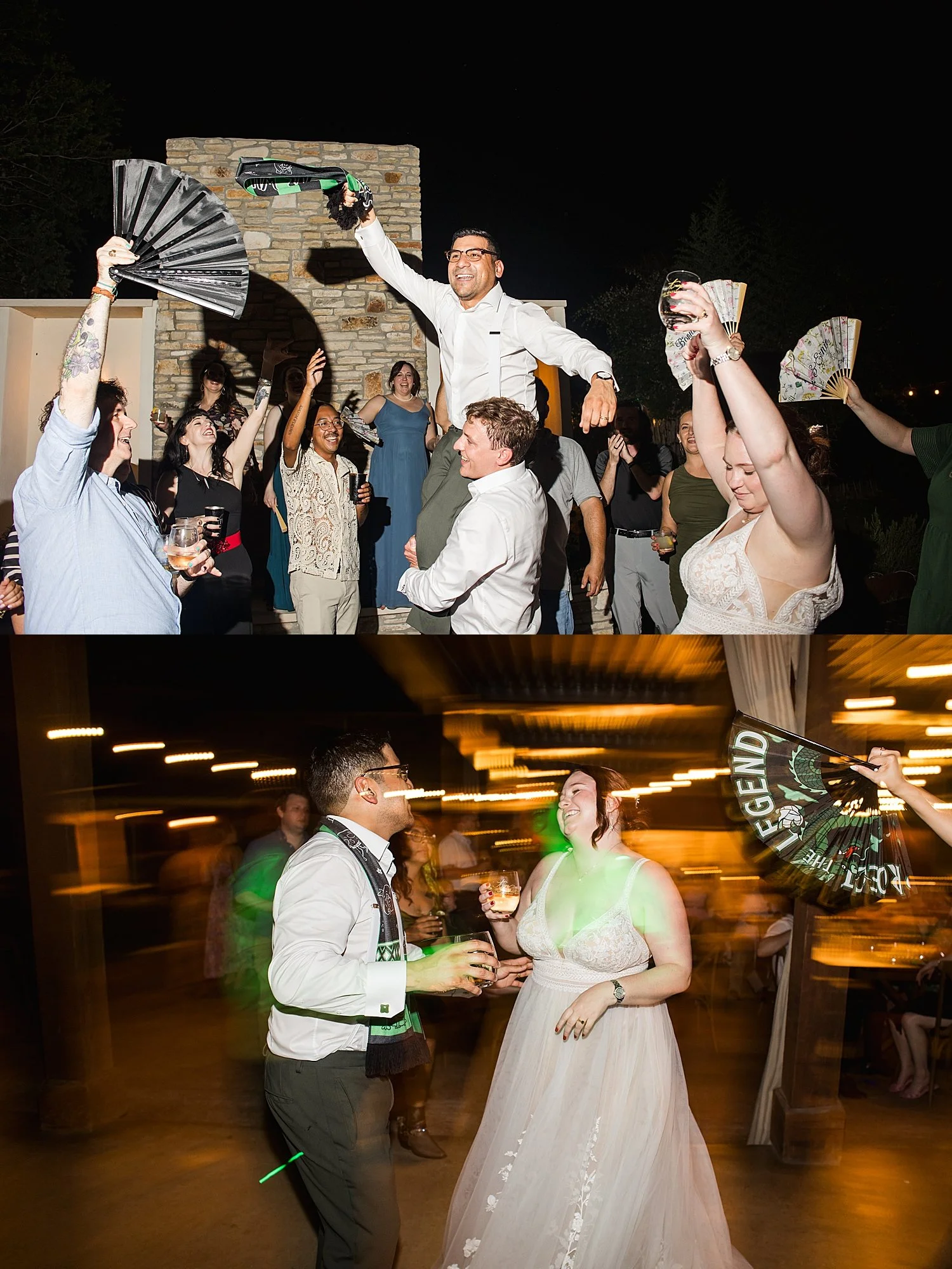 man is lifted high by friends over the dance floor by Dripping Springs Wedding Photographer
