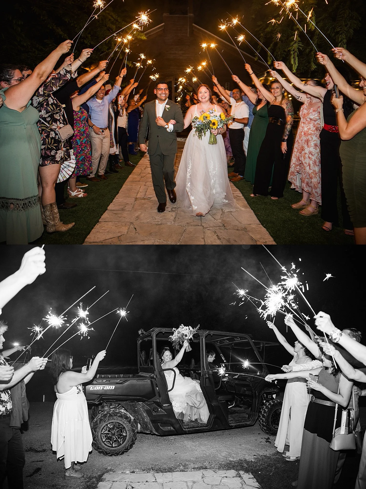 newlyweds leave their reception under sparklers by Dripping Springs Wedding Photographer
