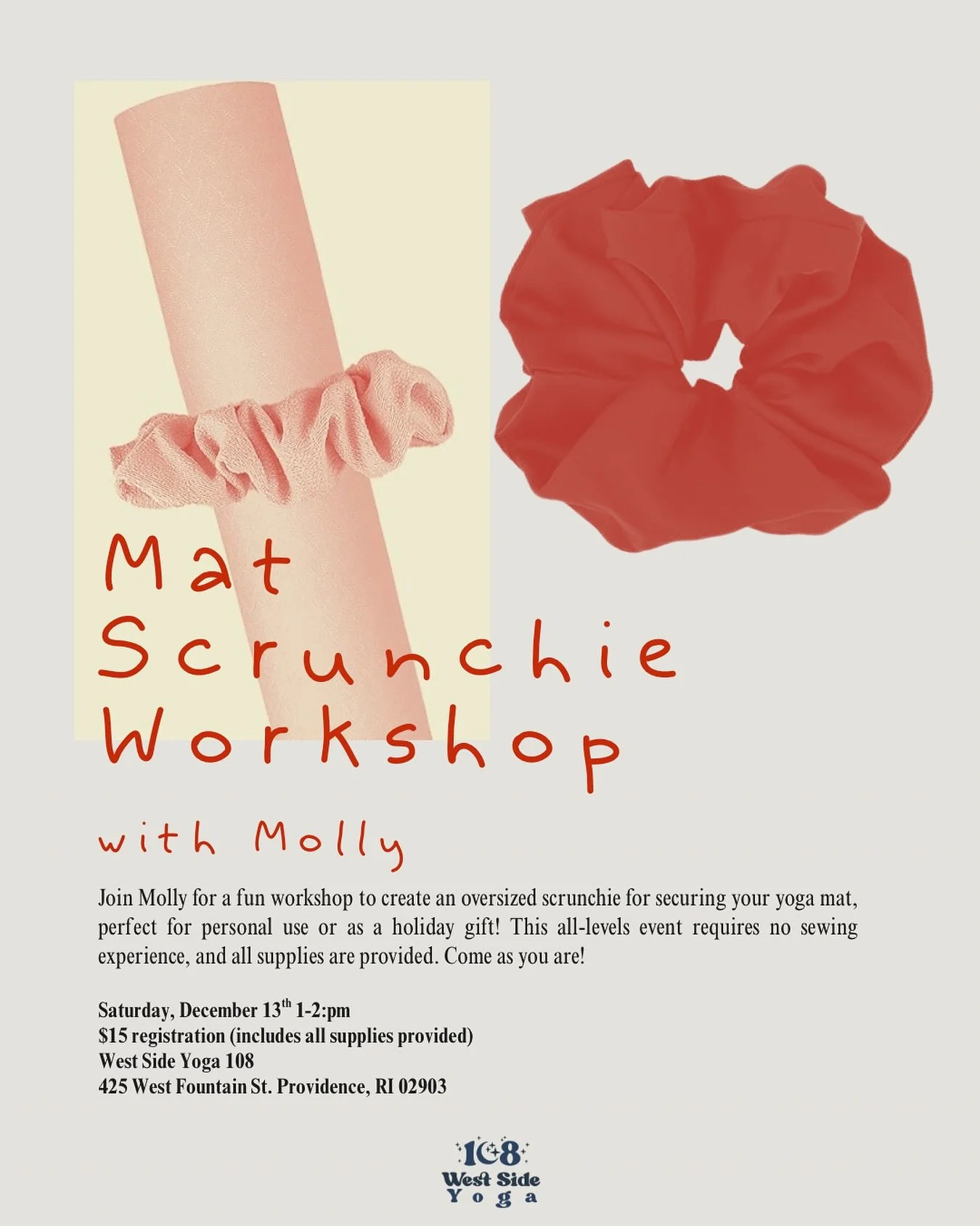 Spend an easy, creative afternoon with us 🤍
On December 13th, Molly is guiding a workshop to make oversized mat scrunchies! Functional, cute, and totally beginner-friendly.
A perfect holiday treat for yourself or someone you love. $15 includes every