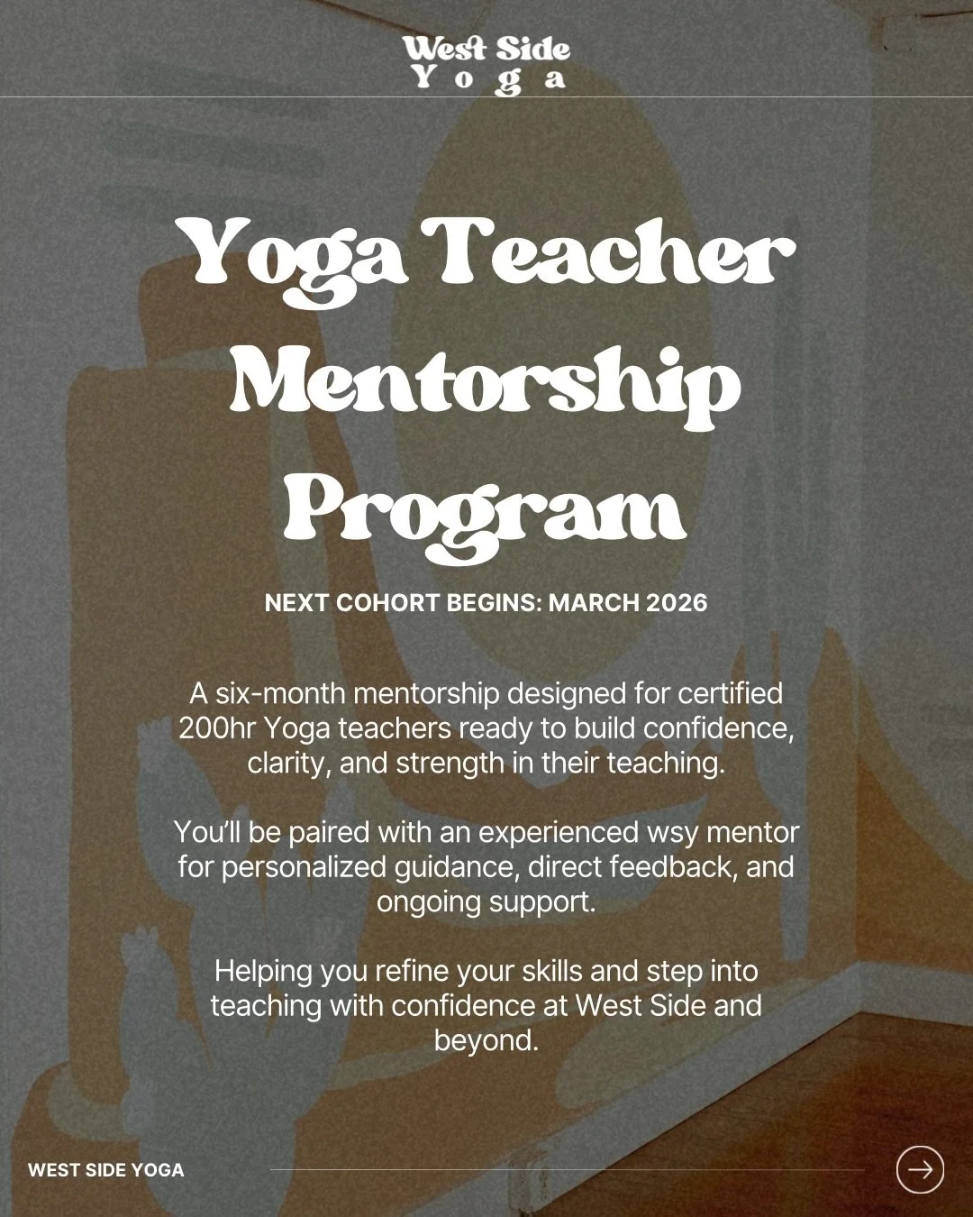 This is where your practice becomes your offering. 🧡

Our Yoga Teacher Mentorship Program is a six-month experience for certified 200HR teachers ready to refine their skills, deepen their presence, and grow into their teaching voice.
 You&rsquo;ll b