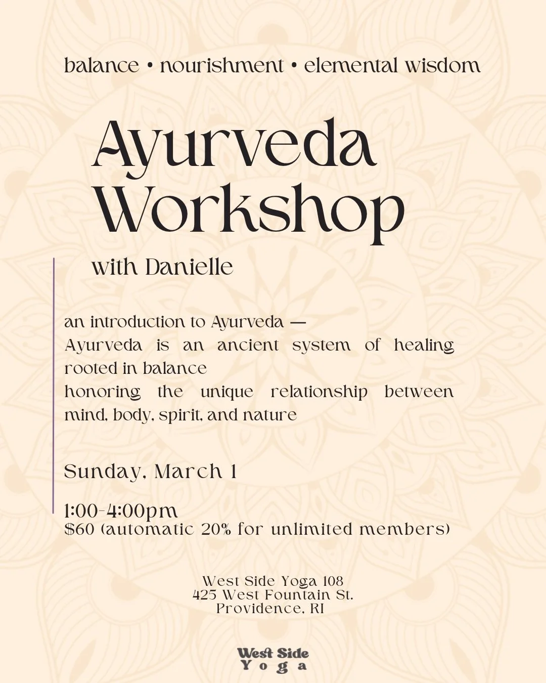 Rooted in over 5,000 years of wisdom, Ayurveda offers a holistic approach to health that honors balance between mind, body, spirit, and environment.
Join Danielle for an afternoon exploring the elements, the doshas, and simple, nourishing practices. 