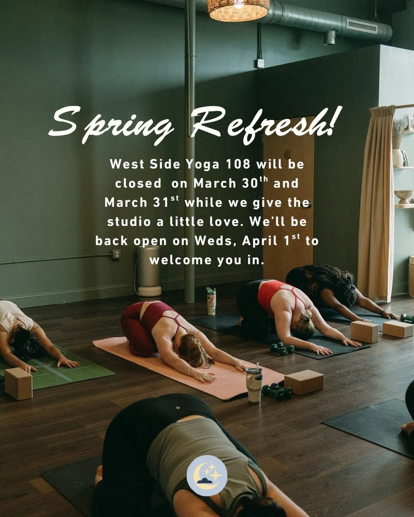 108 is getting some Spring sprucing up 🧹💫 our West Fountain St. studio will be closed on 03/30 &amp; 03/31 while we get everything refreshed and ready for a busy spring and summer season. In the meantime, feel free to visit West Side Yoga at 186 Ca