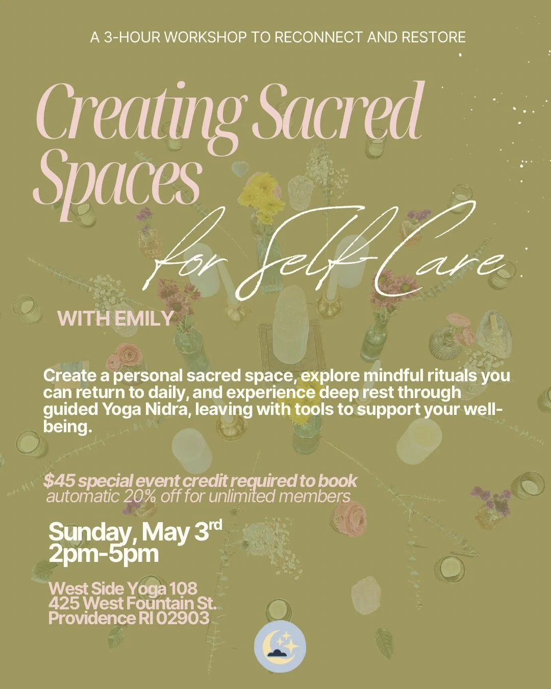 Creating Sacred Spaces for Self Care 🕯️💐 with @emburd Join Emily on Sunday May 3rd from 2-5pm for a workshop exploring the sacredness of self care. Create your own sacred space using nature-inspired elements, learn simple grousing rituals to bring 