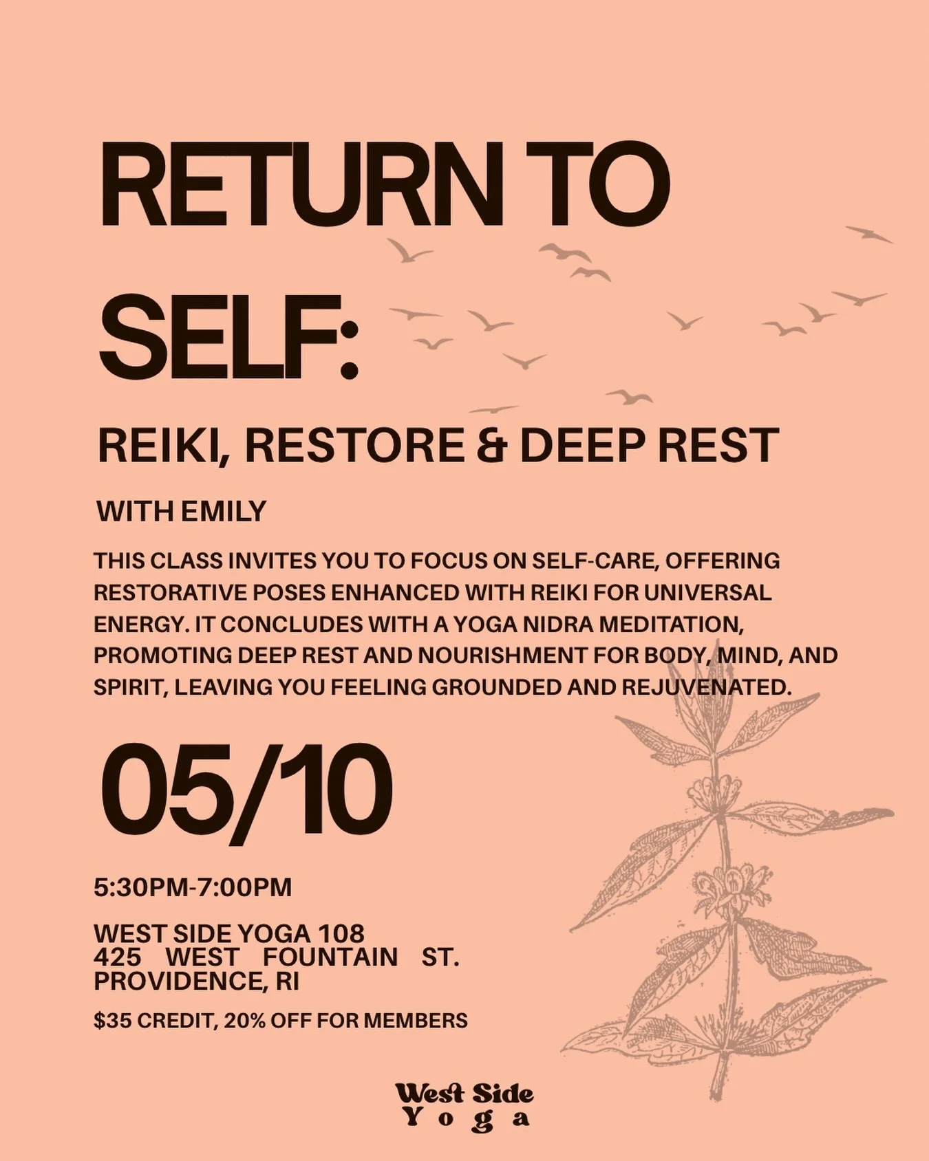 Join @emburd on Sunday, May 10th for Return To Self: Reiki, Restore &amp; Deep Rest. This class invites you into a deeply nurturing and supportive space, blending restorative postures, reiki, and yoga nidra to guide you back to yourself. Held on Moth