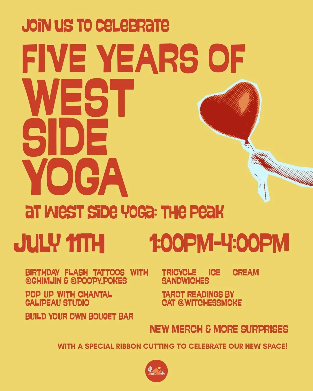 WE&rsquo;RE TURNING 5!! 🎈
...and we&rsquo;re throwing a little birthday bash at our new space. You&rsquo;re all invited.
Join us on July 11 (after our pop-up at 195 District Park) for an afternoon celebrating five years of West Side Yoga and this in