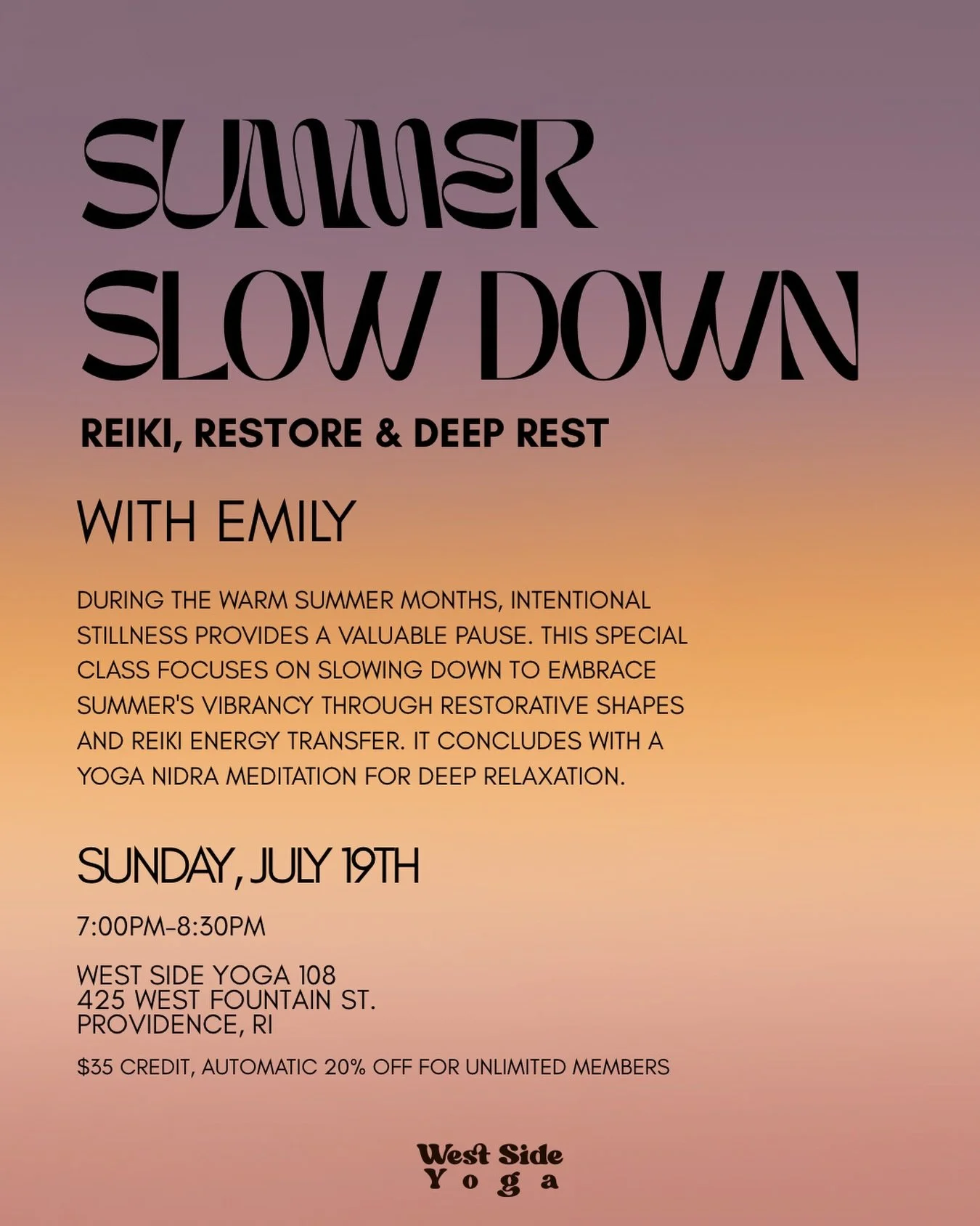 Slow down and soak up the season with @emburd for the Summer Slow Down: an evening of restorative yoga, Reiki, and Yoga Nidra. This 90-minute practice is designed to help you release tension, restore your energy, and settle into deep rest. Join Emily