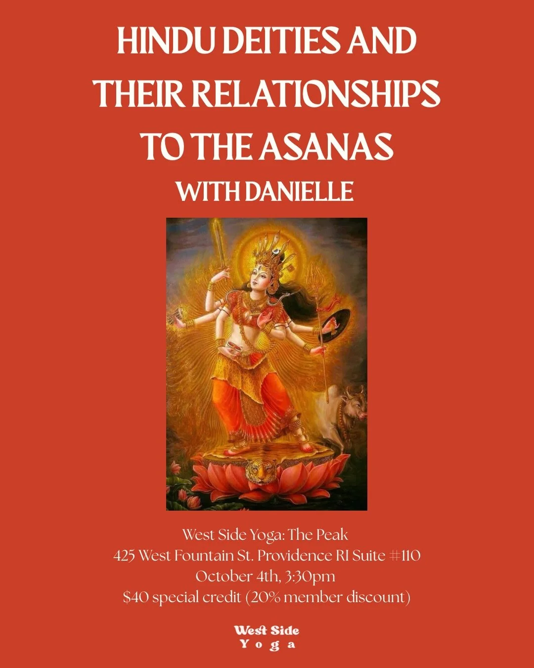 Join Danielle on October 4th at 3:30pm at The Peak for an exploration of Hindu deities and their relationship to the asanas. Through storytelling, mythology, and movement, we&rsquo;ll connect with the traditions and stories woven into the practice we