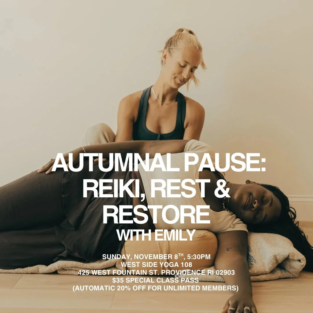 Autumn invites us to soften, slow down + listen a little more closely 🍂🤍

Join Emily on Sunday, November 8th at 5:30pm at West Side Yoga 108 for Autumnal Pause: Reiki, Rest &amp; Restore. 🍂🧡 Settle into an evening of restorative shapes, Reiki + Y