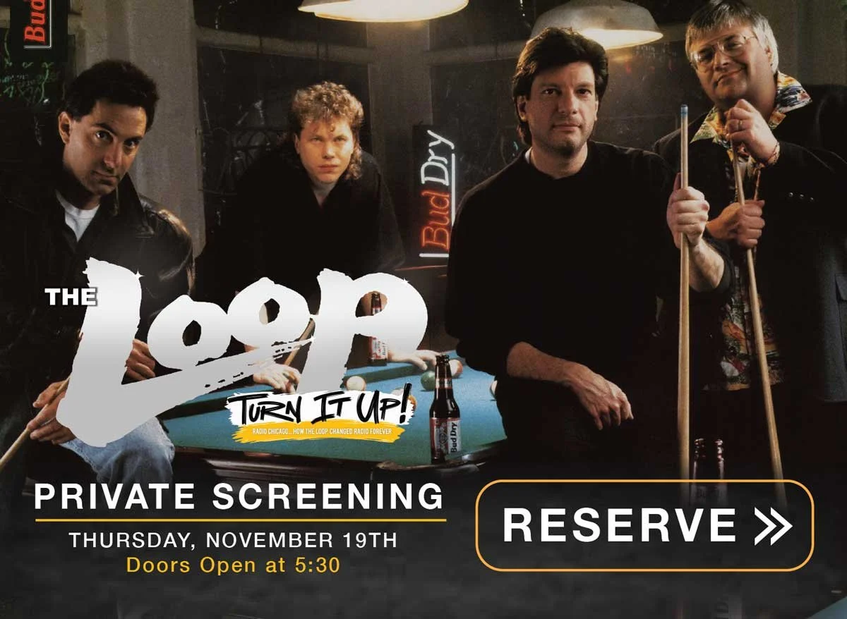 The Loop radio DJs in a dark room sitting on a pool table holding pool cues. Private Screening Thursday November 19th. Reserve button