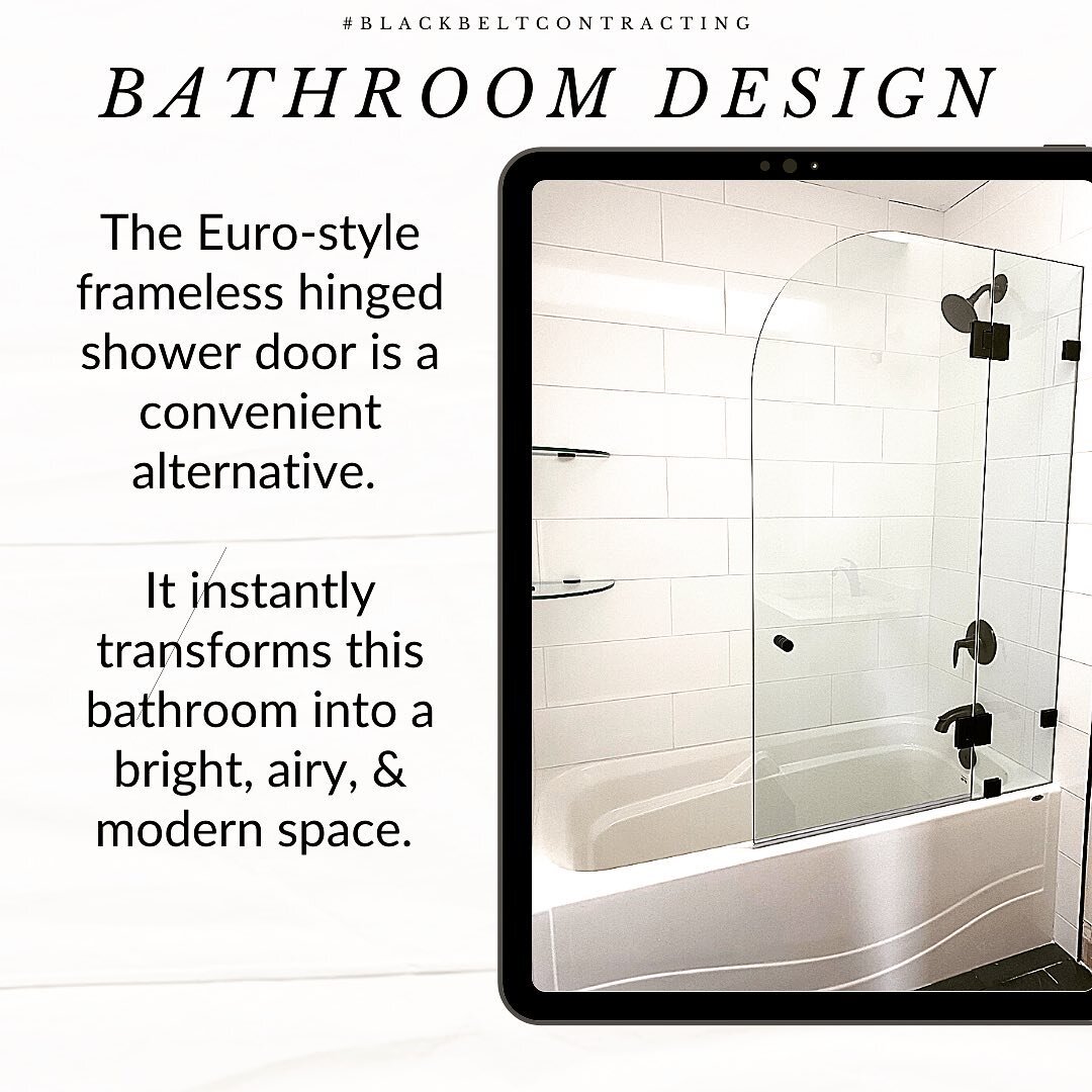 Transform your bathroom with a Euro-style hinged frameless glass shower door.
Fresh. Airy. Modern.  Blackbeltcontracting.ca #bathroomdesigns #framelessglassshowerdoor #homeimprovements #modernbathroom #bathroomrenovation #bathroomupgrade