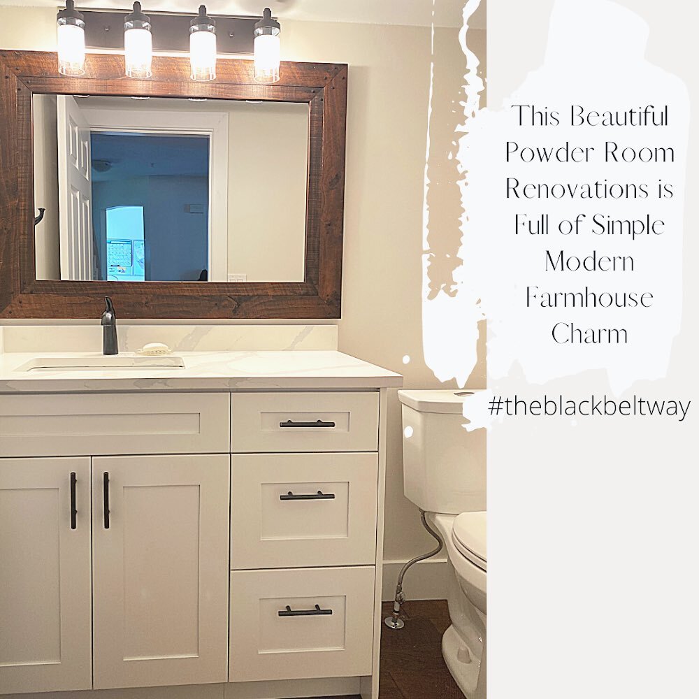 Even small spaces have an impact! This beautiful powder room renovation is a perfect example. #theblackbeltway #powderroomreno #homeimprovements #modernbathroom #modernfarmhousedesign #contractor