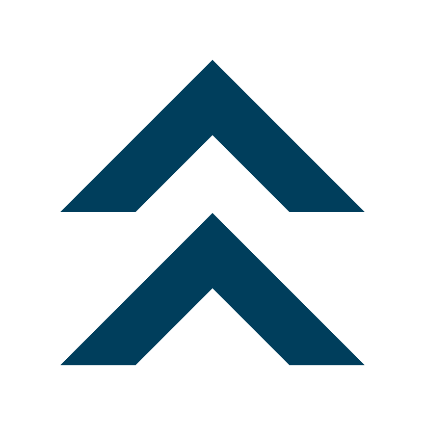 Two upward-pointing chevrons, one above the other, in dark blue on a black background.