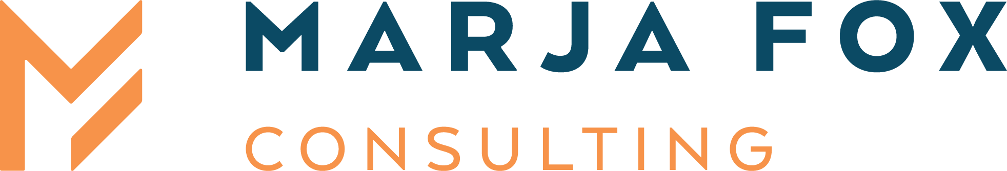 The image displays the logo of Marja Fox Consulting in stylized text with an abstract design element resembling the letter M.