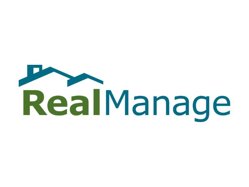 Logo for RealManage featuring stylized houses in blue above the words 'RealManage' with 'Real' in green and 'Manage' in blue.