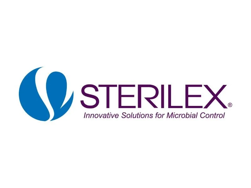 Sterilex logo with blue abstract icon and purple text reading 'Sterilex' and tagline 'Innovative Solutions for Microbial Control'