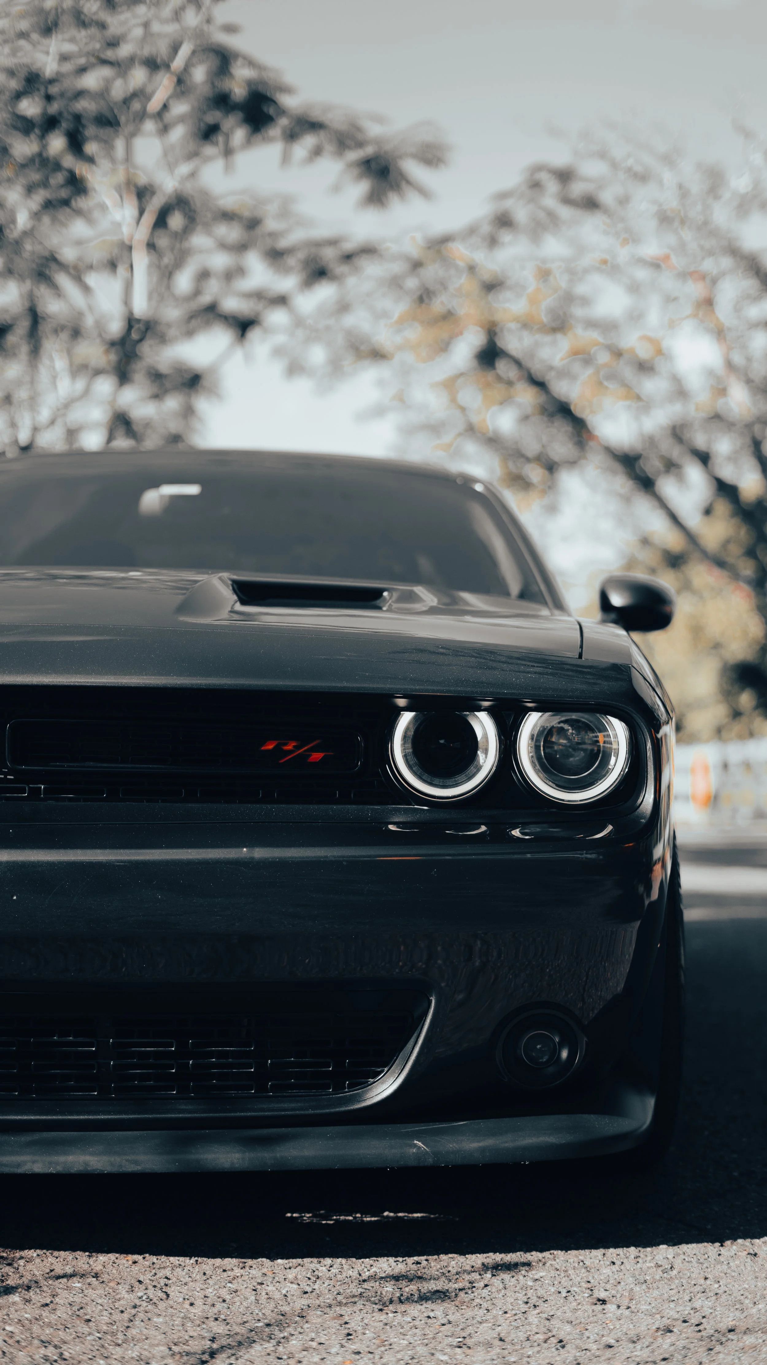 Close-up of front view of black muscle car with 