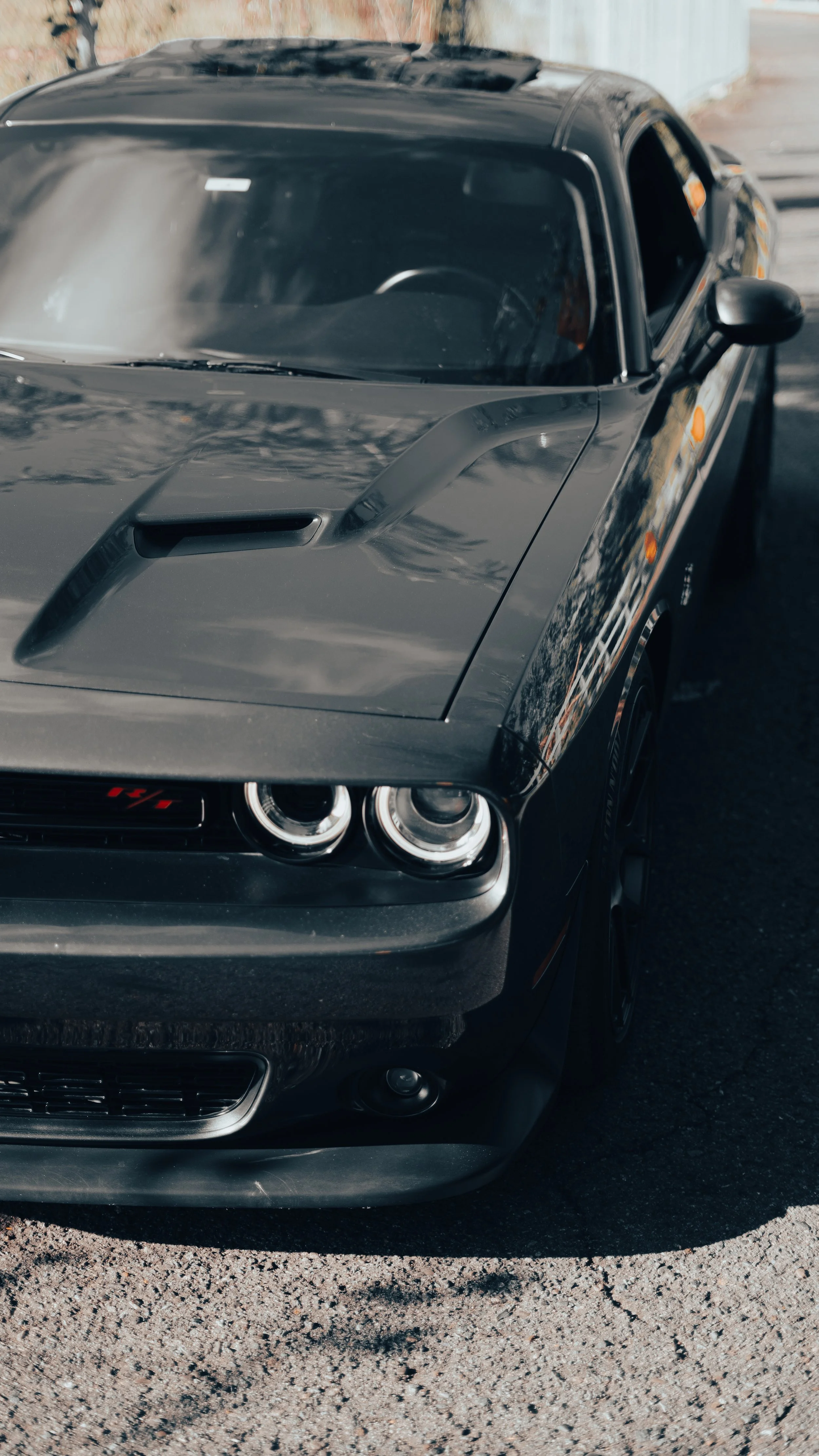 Black Dodge Challenger SRT with distinctive front grille, round headlights, and hood scoop, parked on an asphalt surface with shadows and reflected sky on the windshield and body.
