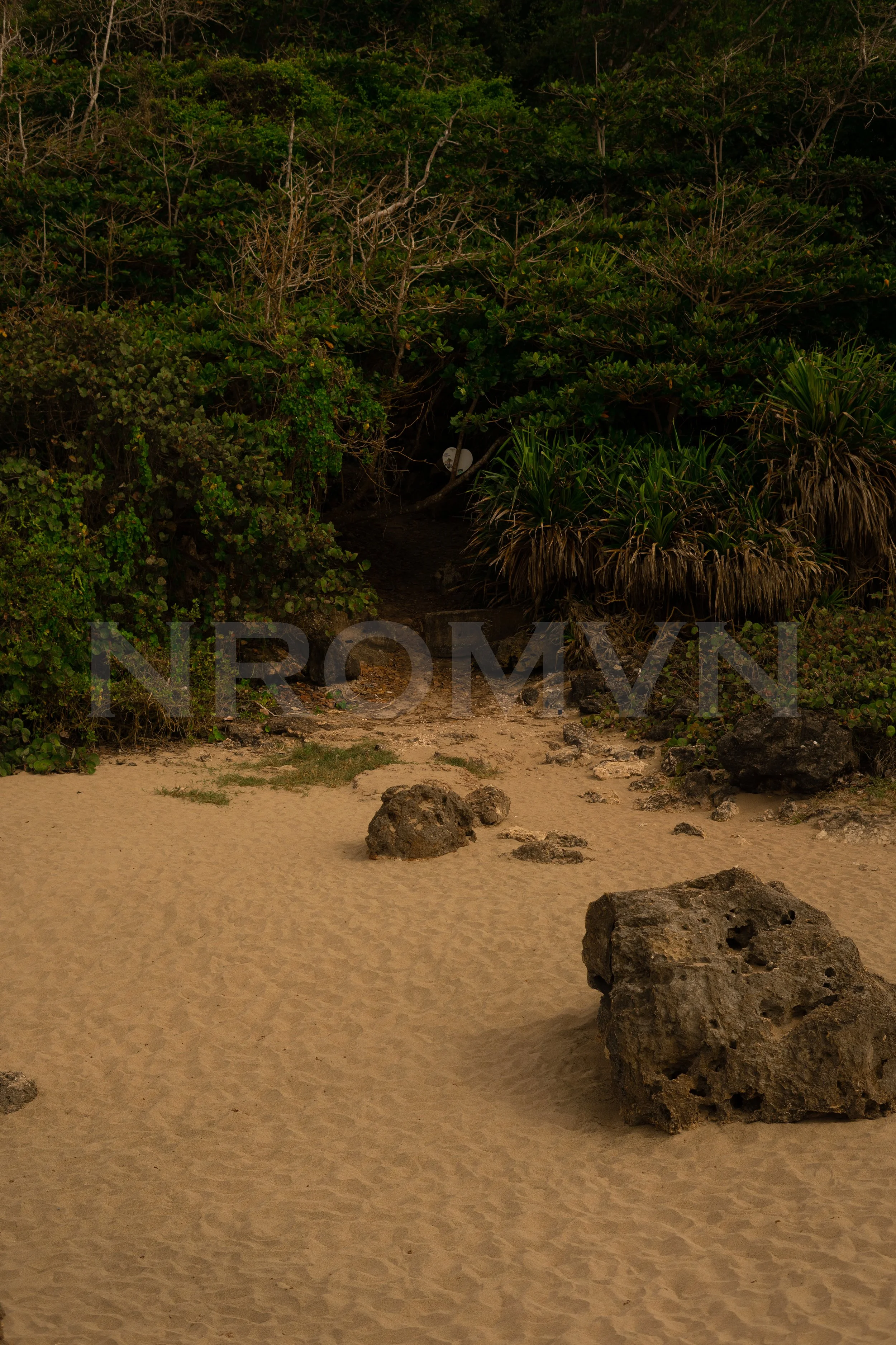 A sandy beach with large rocks and dense greenery in the background.
