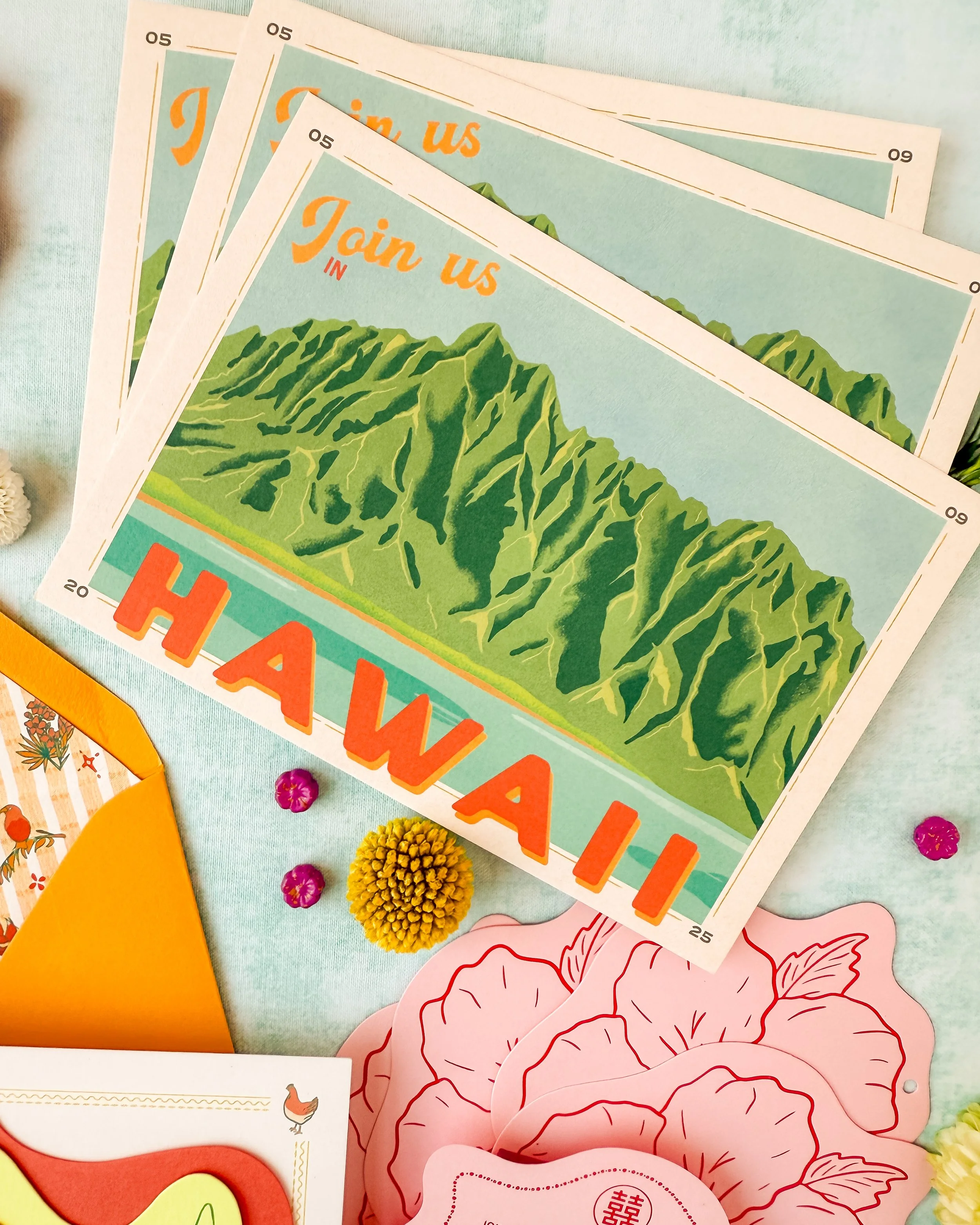 Retro Hawaiian colorful wedding invitation suite vintage postcard save the date