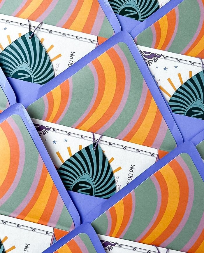 These assembled suites never get old! A colorful psychedelic liner combined with a die-cut RSVP card that doubles as a wrap around the invite. ⁠
⁠
⁠
--⁠
⁠
⁠
⁠
#weddingstationery #modernwedding #weddingdesign #weddinginspo #weddingdetails #weddingidea
