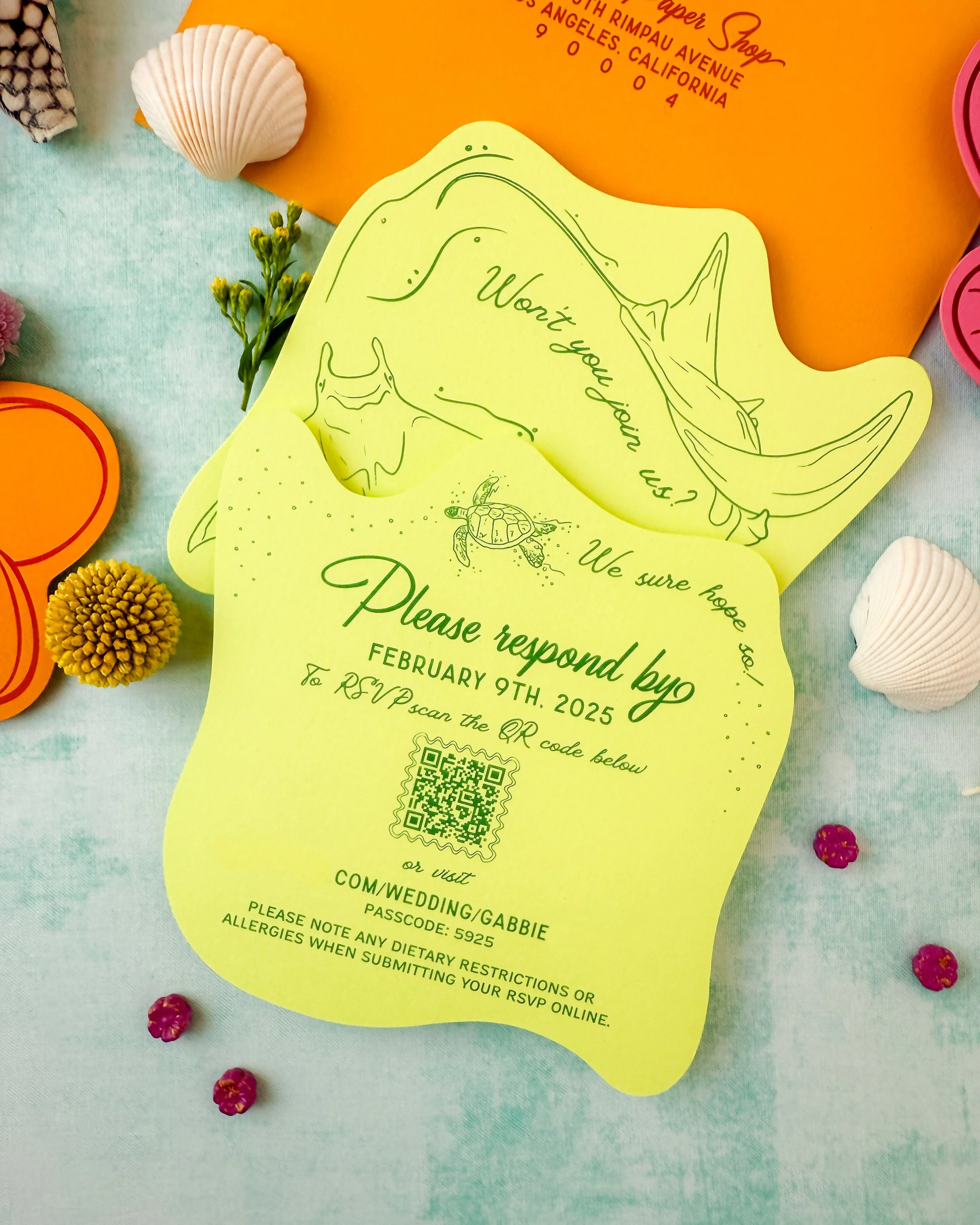 Retro Hawaiian colorful wedding invitation suite die cut rsvp card turtle