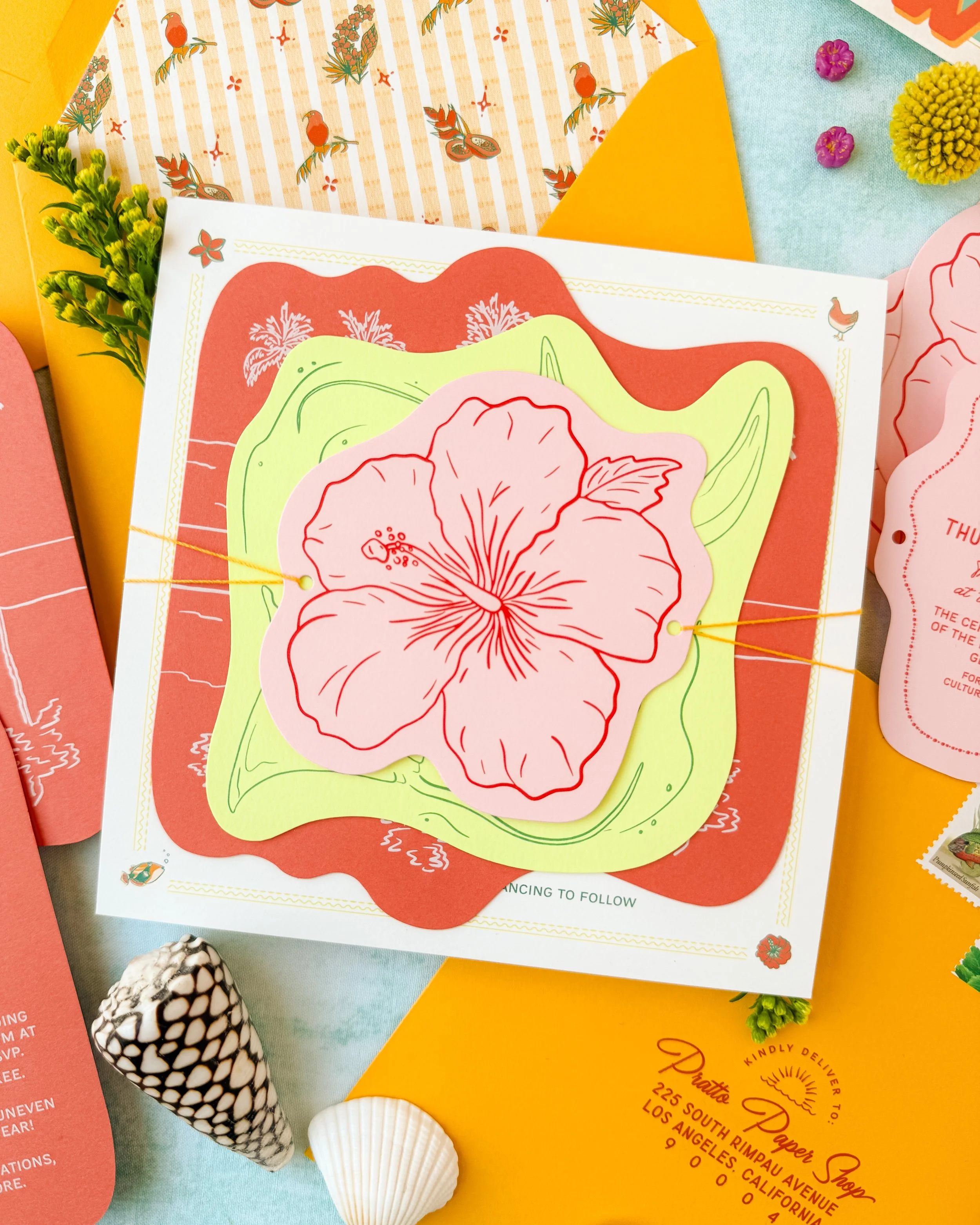 Retro Hawaiian colorful wedding invitation suite die cut card stack twine