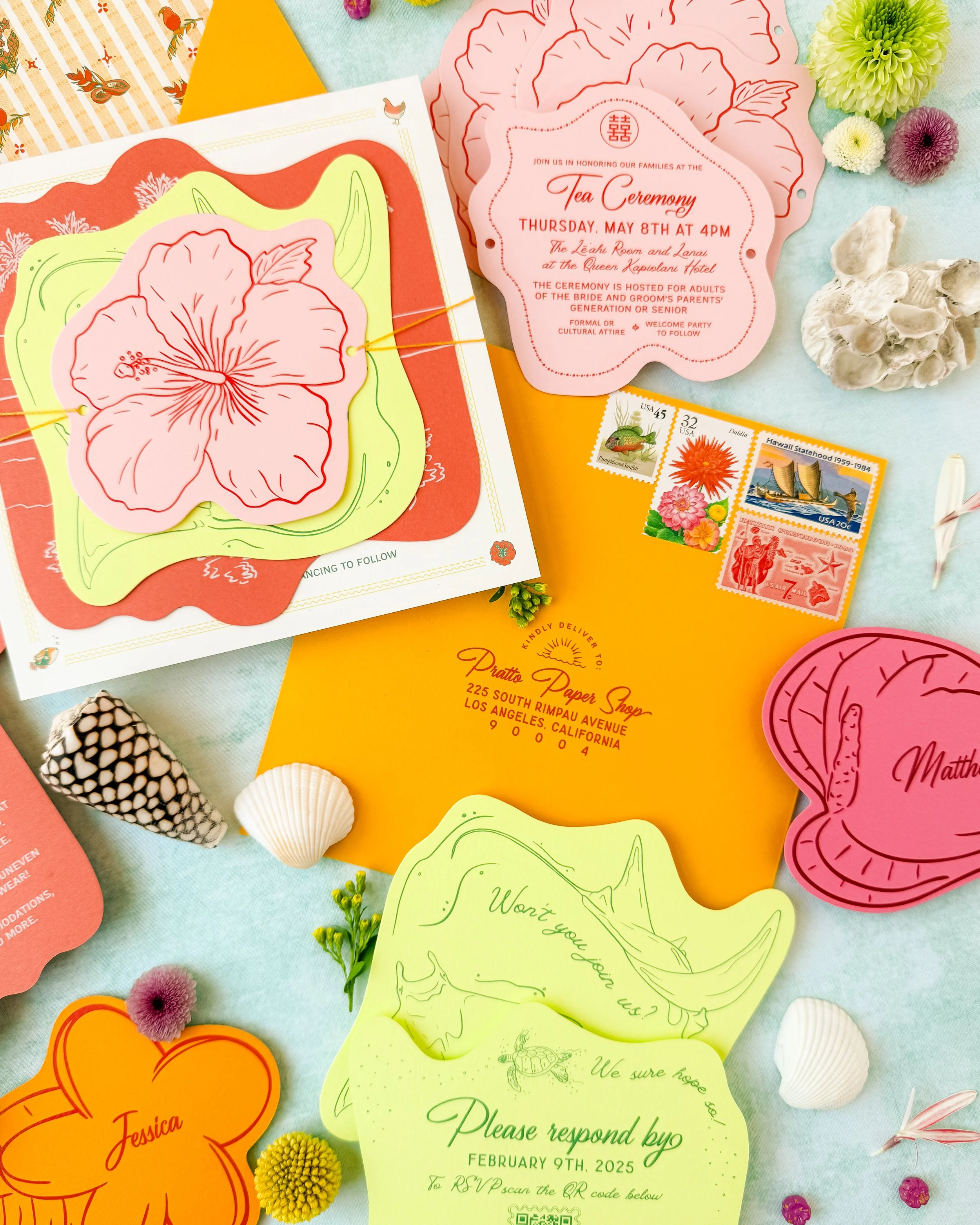 Retro Hawaiian colorful wedding invitation suite die cut card stack