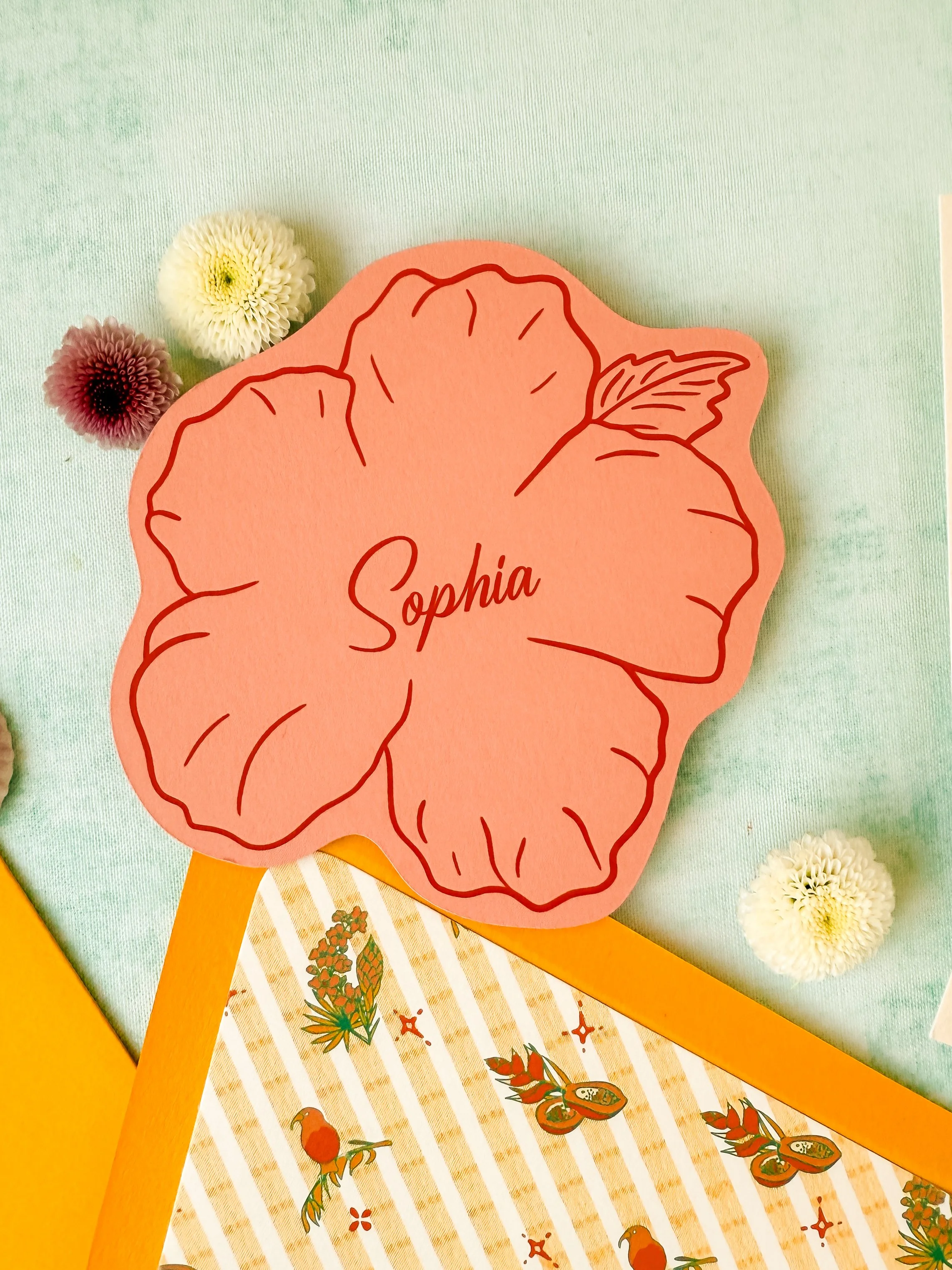 Retro Hawaiian colorful wedding invitation suite hibiscus die cut card pink